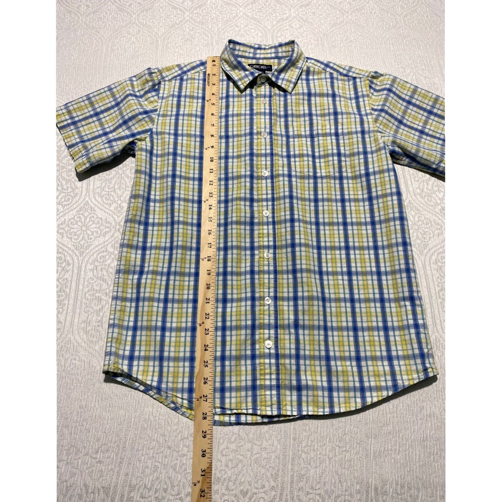 Cherokee Cherokee Shirt Button-Up Plaid Short Sleeve Boys XL 16 Blue Yellow Cotton Regular Shirt Boys Mens? Size US XL / EU 56 / 4 - 4 Thumbnail