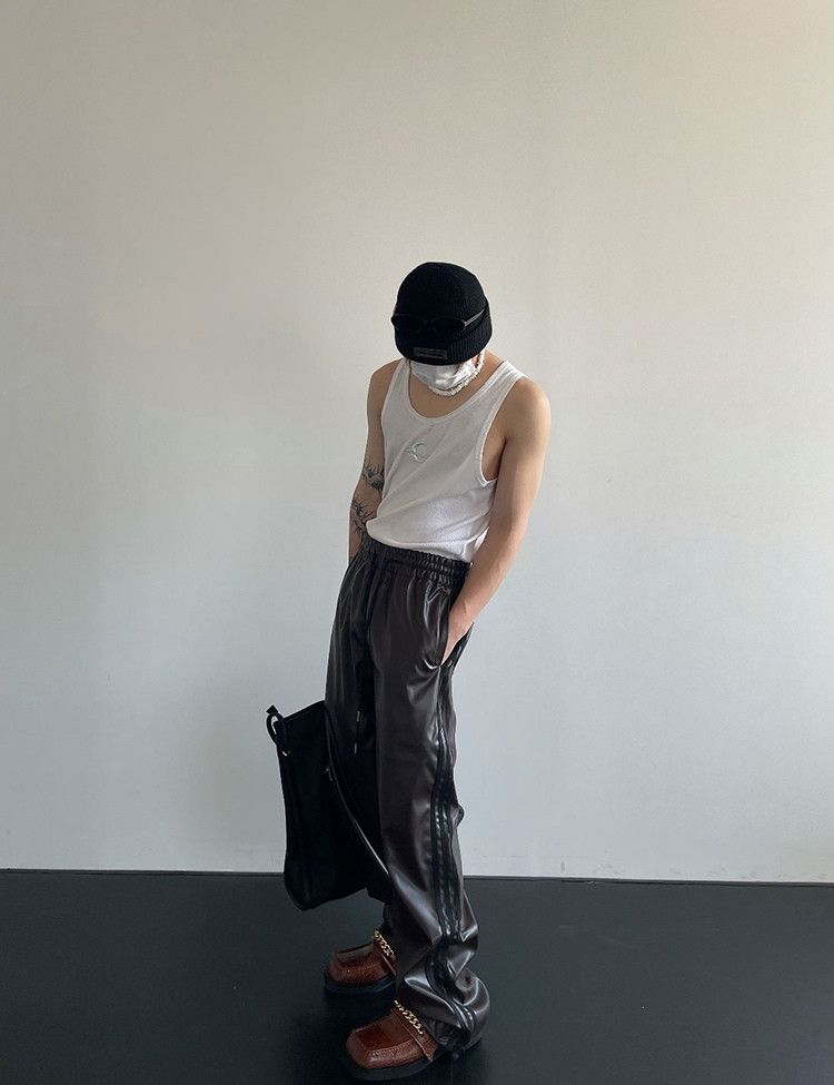 Japanese Brand × Jean PU Leather Black Stripe Elastic Waist Pants Size US 37 - 4 Thumbnail