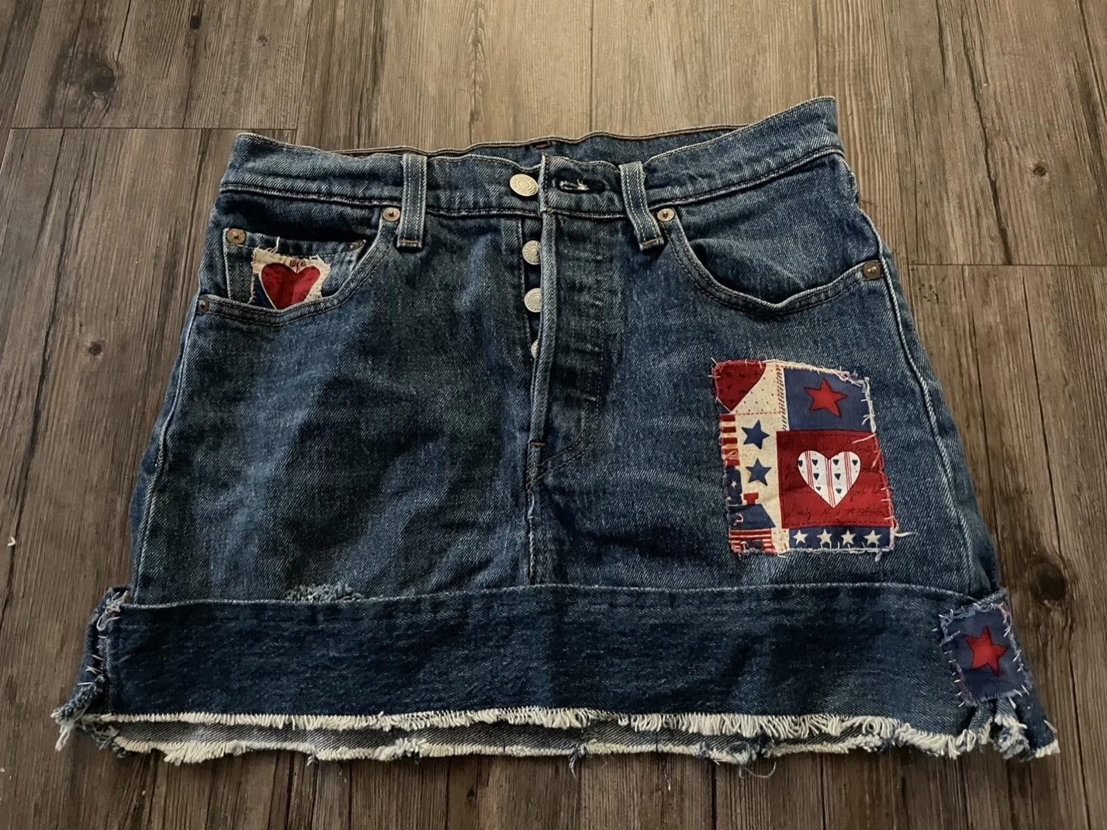 Levi's Handmade Levi’s Denim Patchwork Hearts Skirt Women's Sz 28 Size 30" / US 8 / IT 44 - 1 Thumbnail