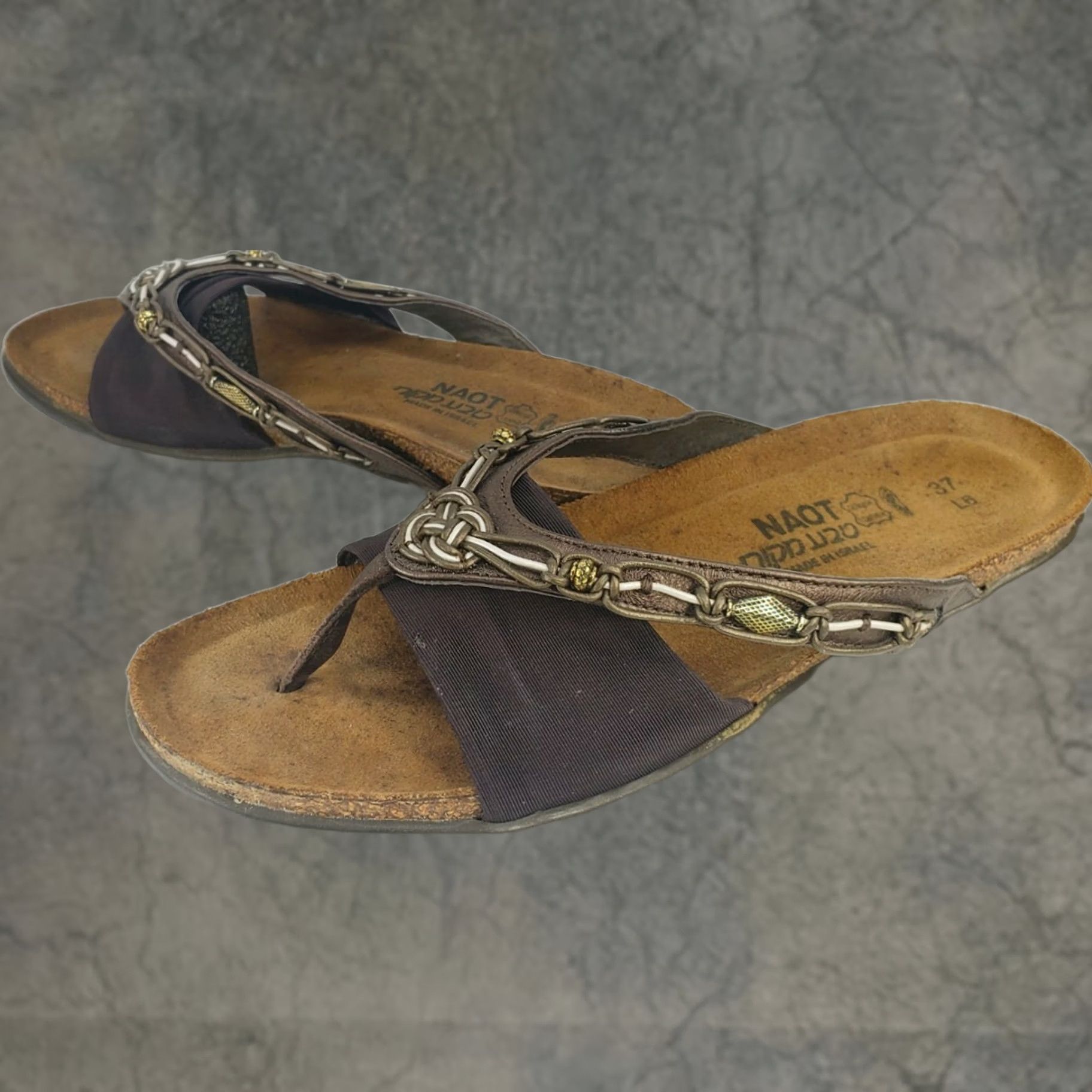 Vintage Naot Jennifer Women's 6M 37E Brown Bronze Beading Leather Rope On Straps Flip Flop Thong Sandals Size US 6 / IT 36 - 1 Thumbnail
