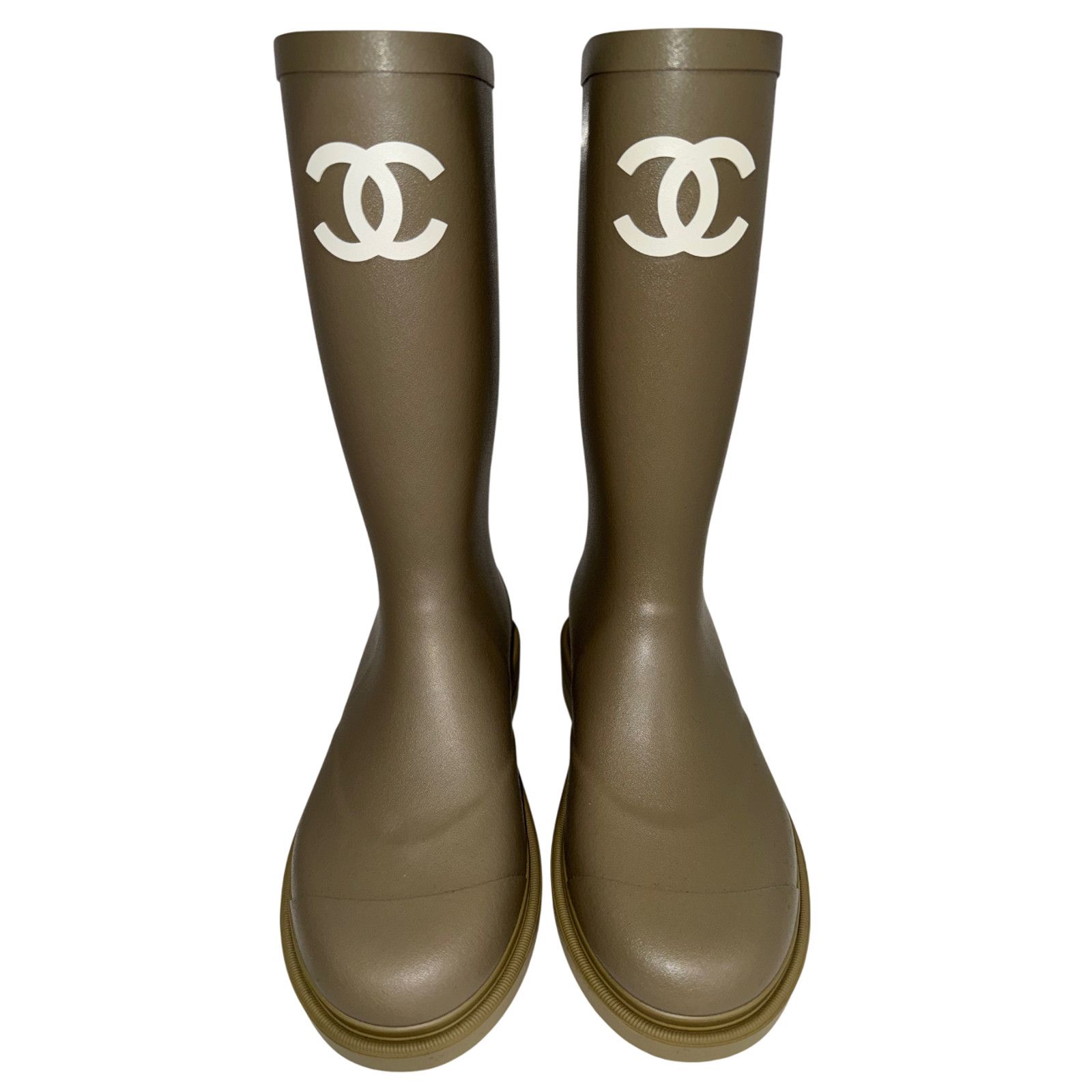 Chanel Dark Beige Moss Green White CC Logo High Rubber Rain Boot 42 Size US 12 / IT 42 - 1 Thumbnail