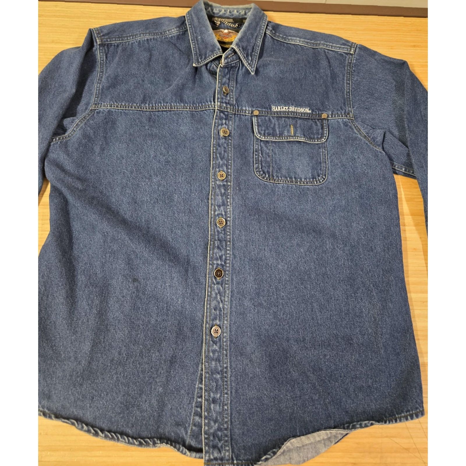 Harley Davidson VINTAGE Harley-Davidson Shirt Mens Large Blue Denim Button Up Long Sleeve Biker Casual Size US L / EU 52-54 / 3 - 3 Thumbnail