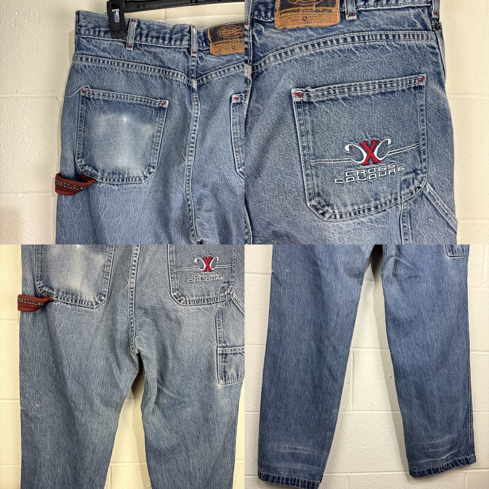 Vintage VINTAGE Cross Colours Crescent Green Wood Wide Leg Jeans 38x34 Medium Blue Denim 90s Mens Baggy Relaxed Hip Hop Logo 5-Pocket Distressed Jacket? Size US 38 / EU 54 - 10 Thumbnail