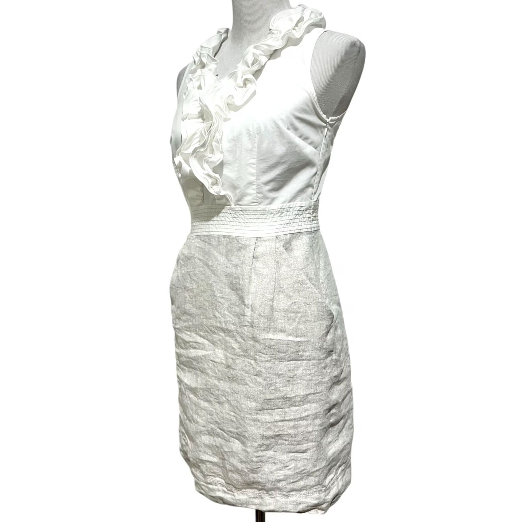 Loft LOFT Petites Pencil Dress White Cream w/ Metallic Ruffle V-Neck Pockets Sz 4P Dress Women Pencil Dress Size S / US 4 / IT 40 - 3 Thumbnail