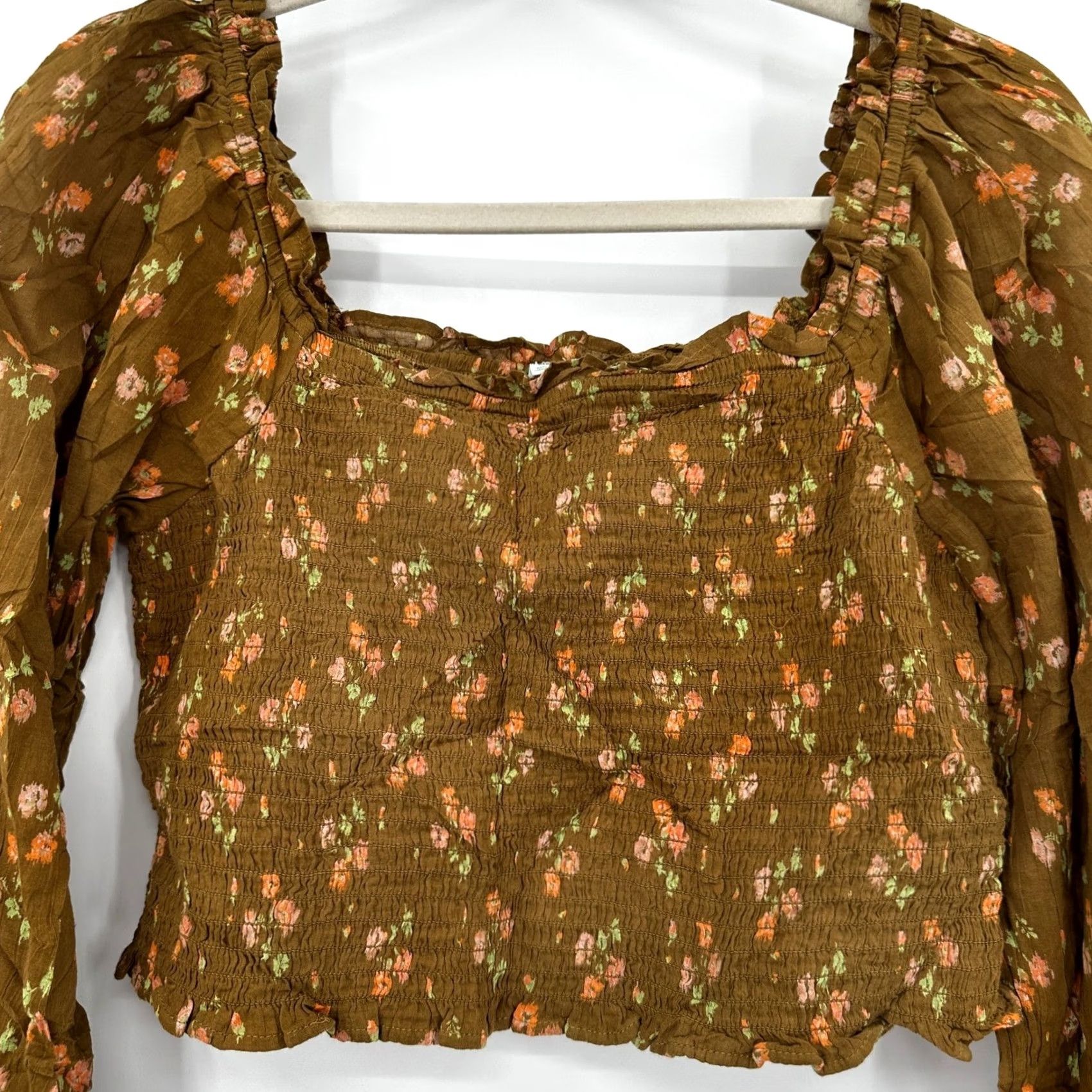 Vintage Aerie Brown Floral Smocked Crop Top Long Puff Sleeve Square Neck Womens M Size M / US 6-8 / IT 42-44 - 2 Thumbnail