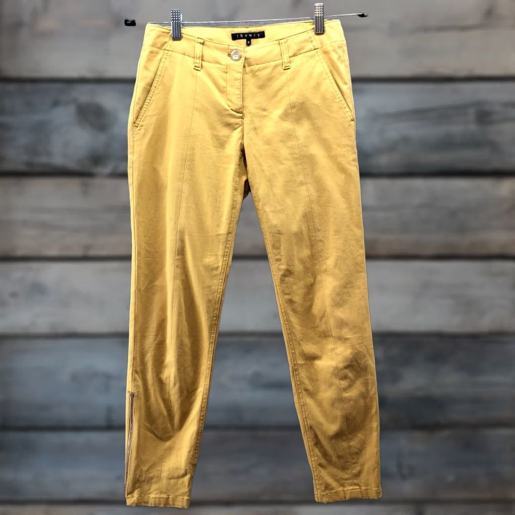 Theory Theory Slim Zip Ankle Pants Womens 0 Mustard Yellow Cotton Blend Trouser Low Rise Skinny Inseam 26.5 in Size 25" / US 0 / IT 36 - 1 Thumbnail