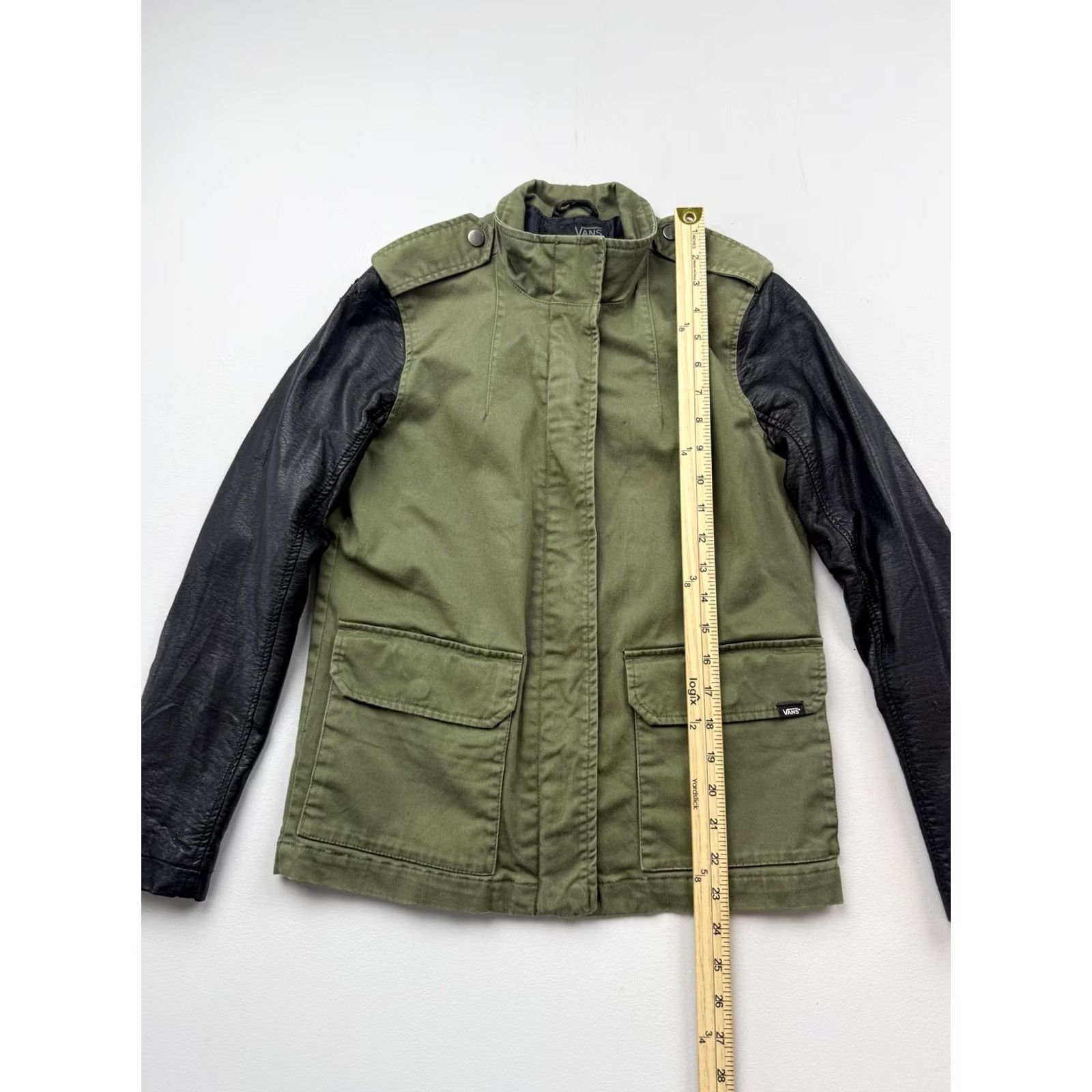 Vans Vans Jacket Womens Small Green Faux Leather Sleeves Military Full Zip Pockets Size S / US 4 / IT 40 - 4 Thumbnail