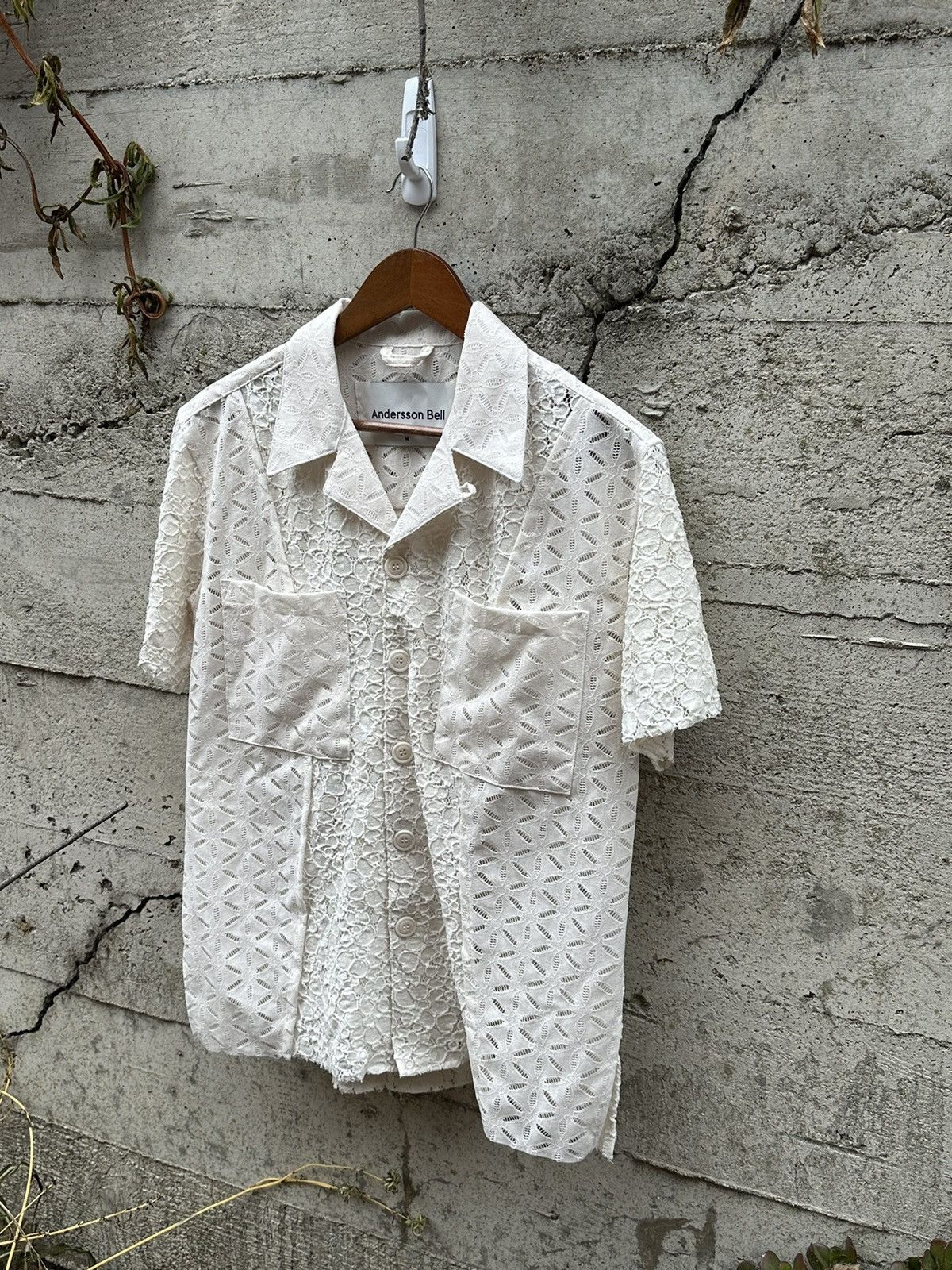 image of Grail Andersson Bell Intricate Laced Button Up Shirt in Cream, Men's (Size Medium)