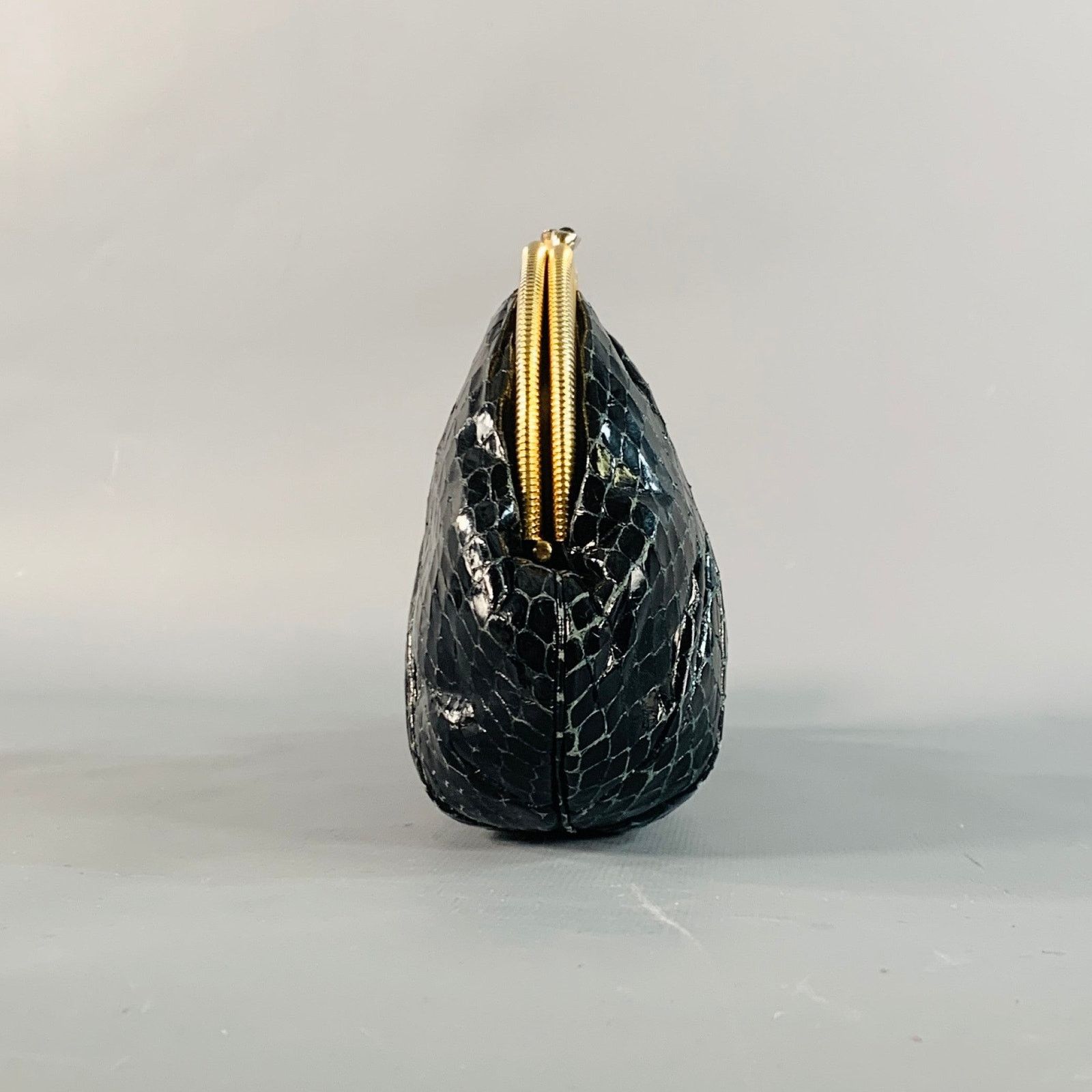 Judith Leiber Vintage Black Gold Tone Snakeskin Leather Kiss Lock Evening Size ONE SIZE - 2 Thumbnail