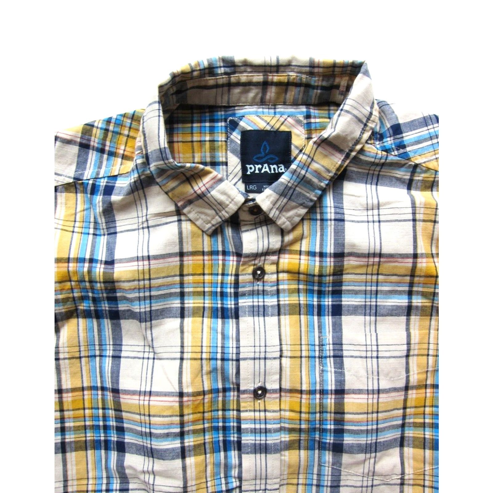 Prana VINTAGE PrAna Blue Yellow Ivory Plaid Organic Cotton Button Up Short Sleeve Shirt Men L Size US L / EU 52-54 / 3 - 4 Thumbnail