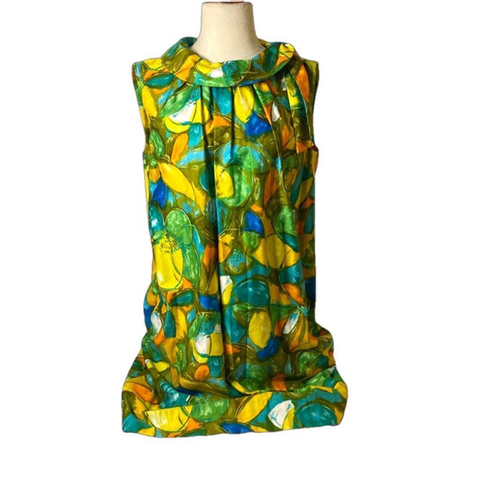Handmade 1960s Floral Mod Shift Dress Yellow Green Retro Boho Hippie Size M / US 6-8 / IT 42-44 - 2 Thumbnail