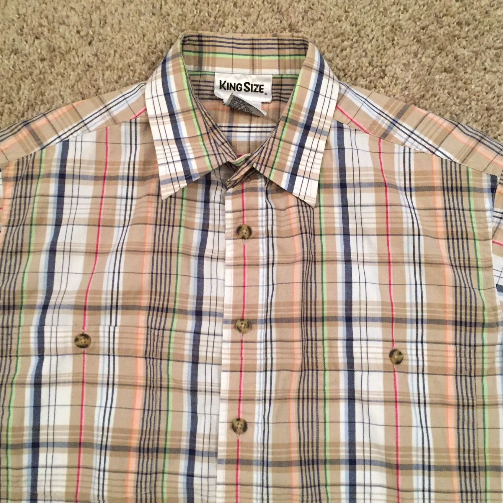 Vintage Kingsize Shirt Mens Large Beige Green Plaid Short Sleeve Button Up Size US L / EU 52-54 / 3 - 3 Thumbnail