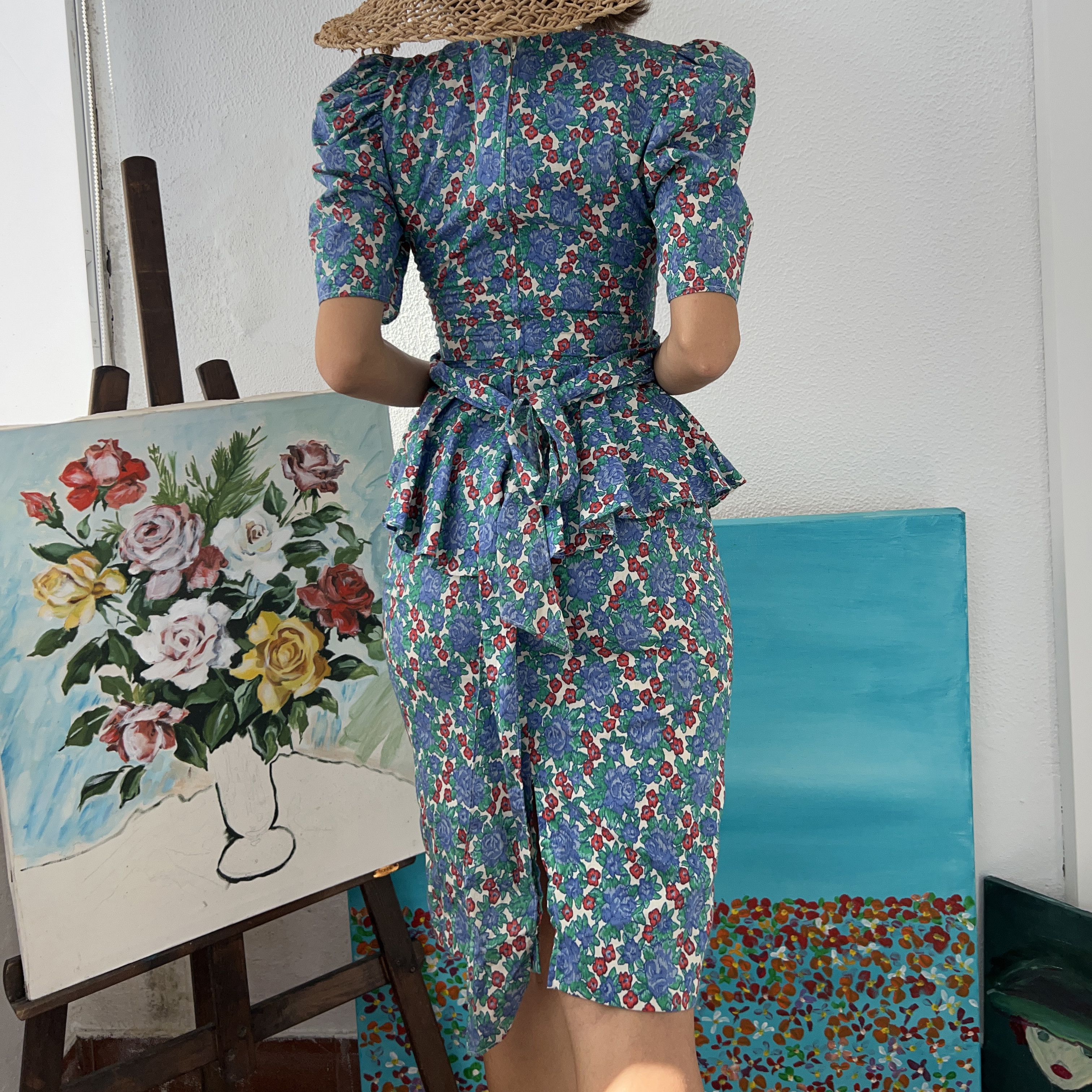 Vintage 80s Vintage Floral Cotton Midi Dress Size M / US 6-8 / IT 42-44 - 2 Thumbnail