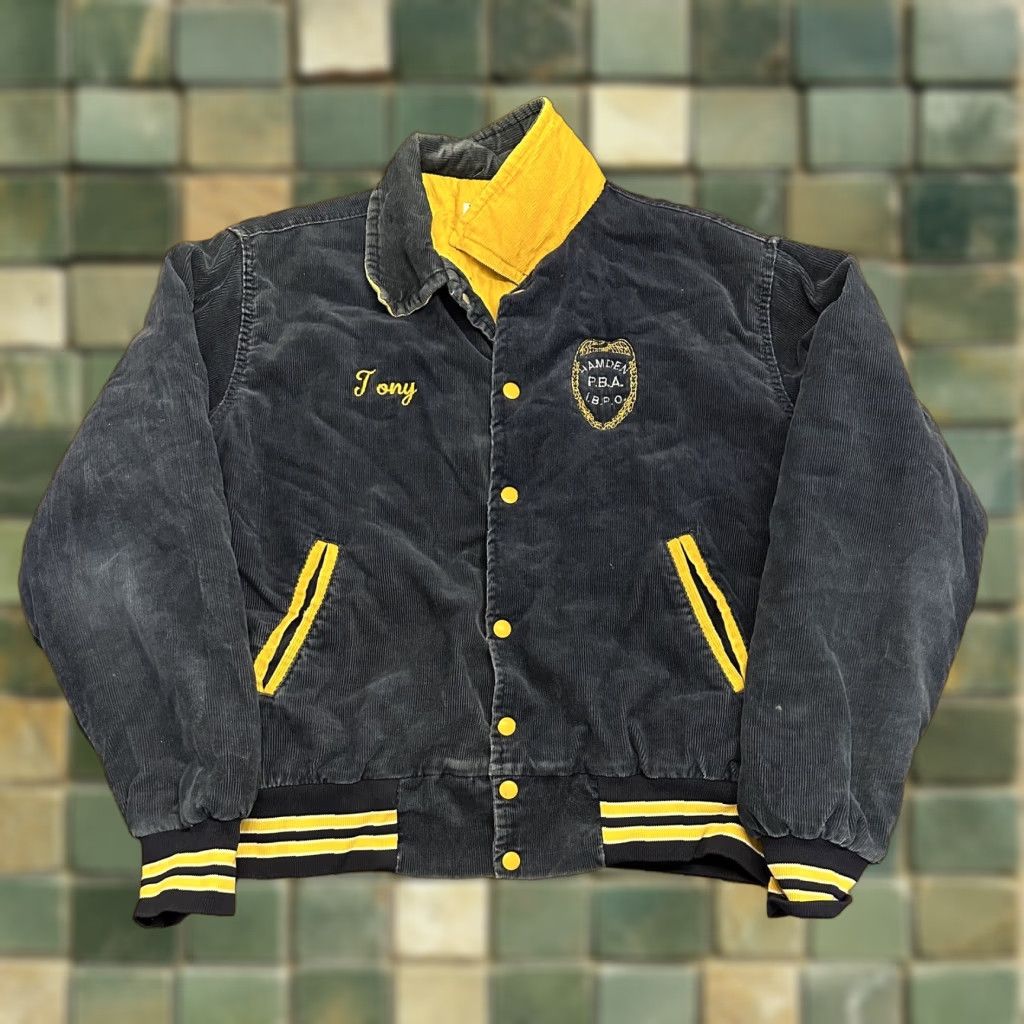 VINTAGE 80s PBA Corduroy Jacket Large Hamden Police West Wind Bomber Jacket Men Casual Blue Corduroy Jacket
