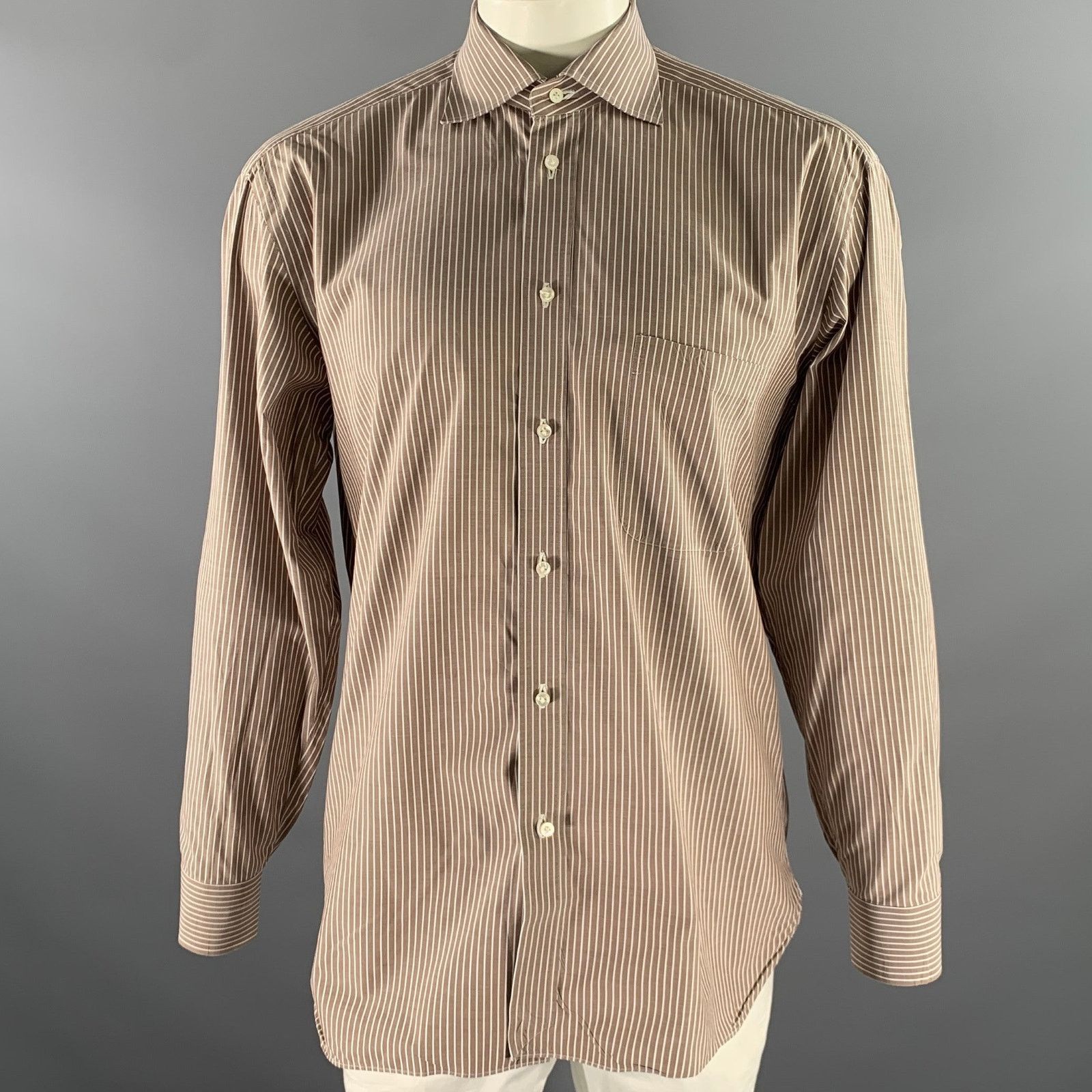 Other BORRELLI Size L Brown White Stripe Cotton Long Sleeve Shirt Size 48R - 1 Thumbnail