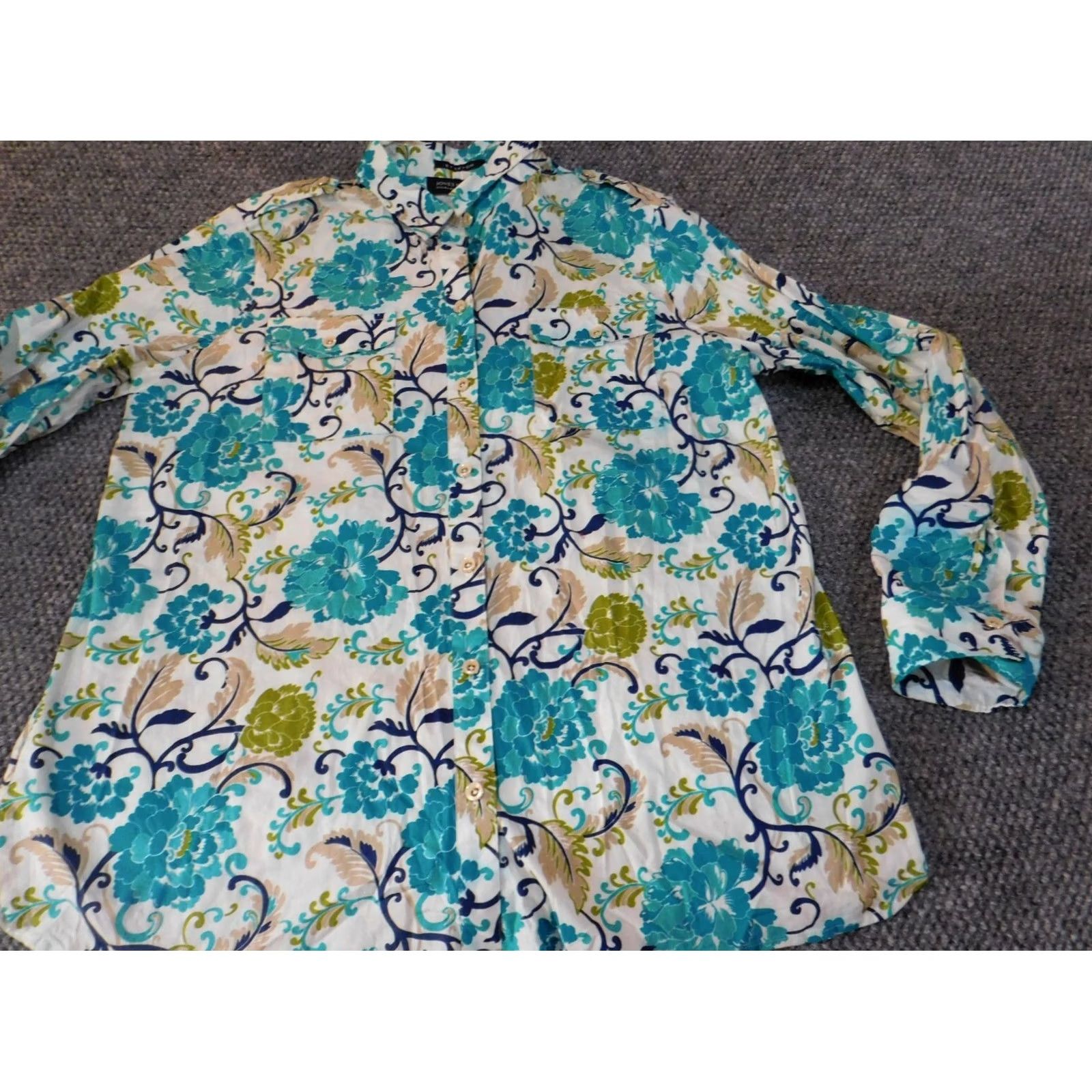 Jones New York Jones New York Button-Up Shirt Women L Blue Floral Stretch Casual Size L / US 10 / IT 46 - 2 Thumbnail
