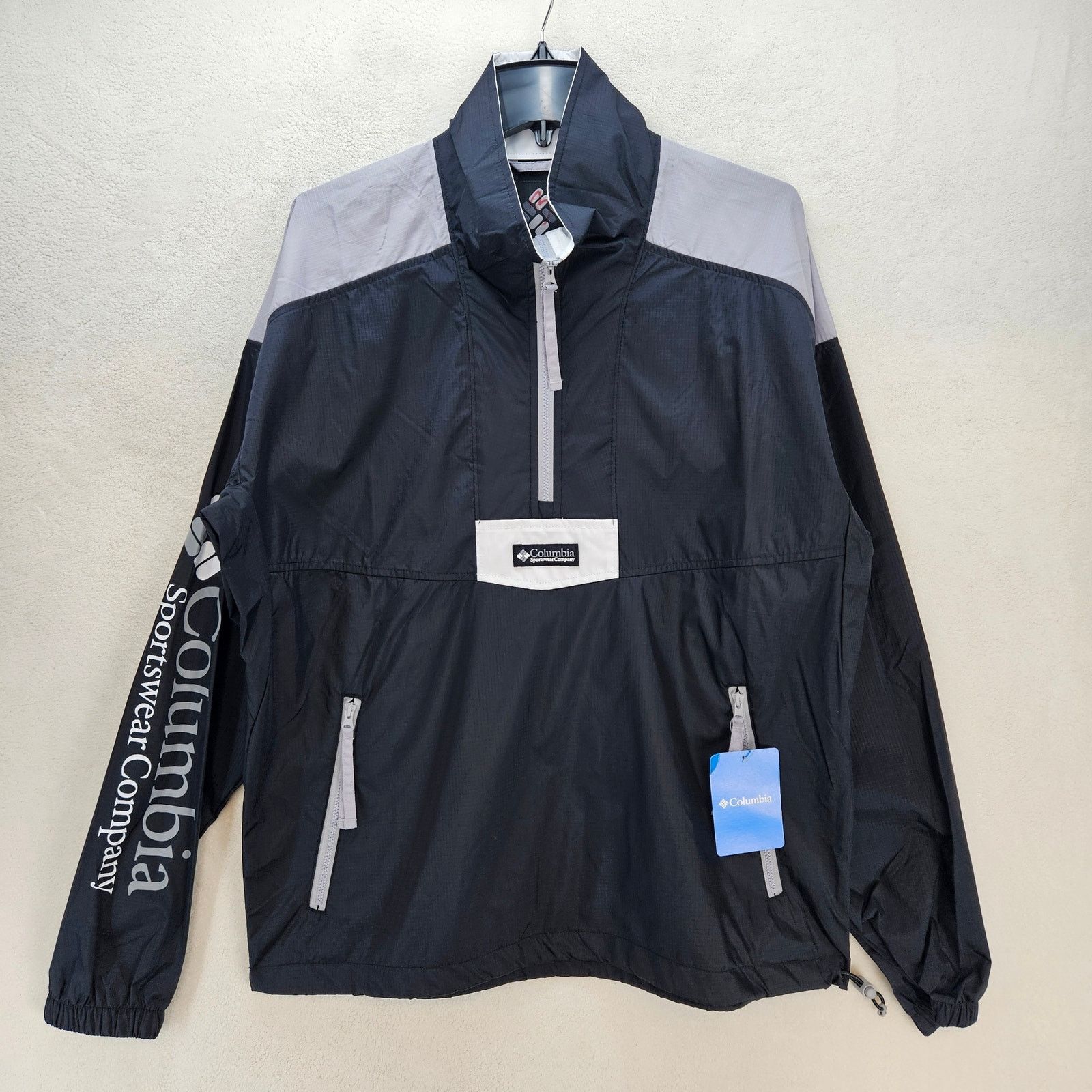 COLUMBIA MEN'S MEDIUM RIPTIDE ANORAK BLACK GREY RETRO NWT