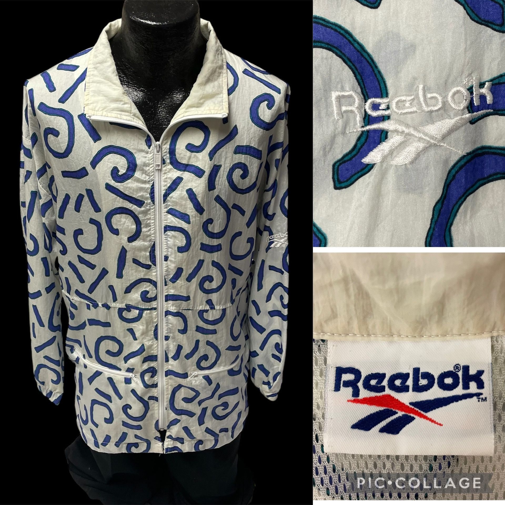 Reebok Vtg REEBOK White PURPLE Abstract NYLON Windbreaker Size L / US 10 / IT 46 - 1 Thumbnail