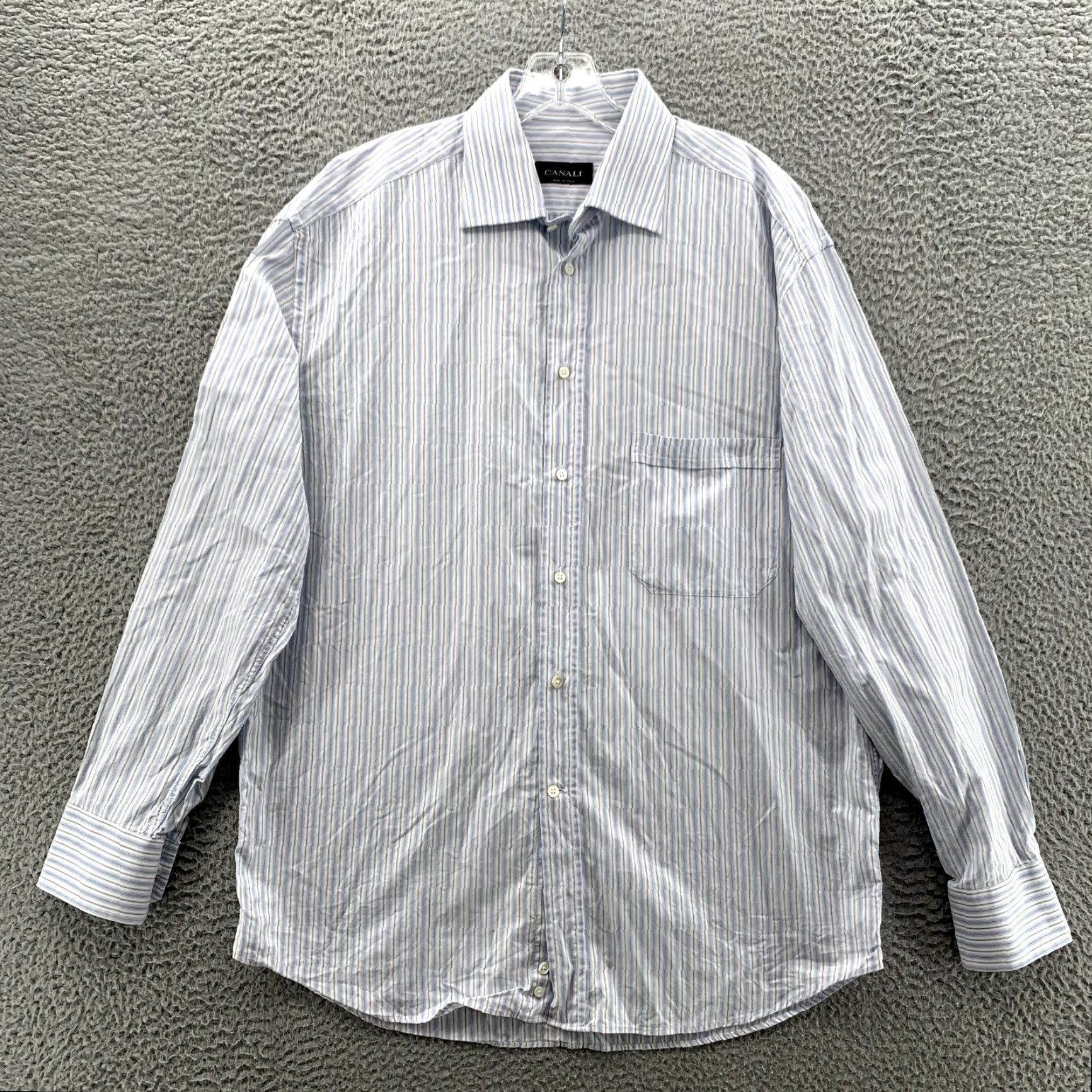 Canali Canali Dress Shirt Blue Striped 42/16.5 ShirtMens Classic Button-Down Collared 90s Preppy Made in Italy Size 46R - 2 Thumbnail