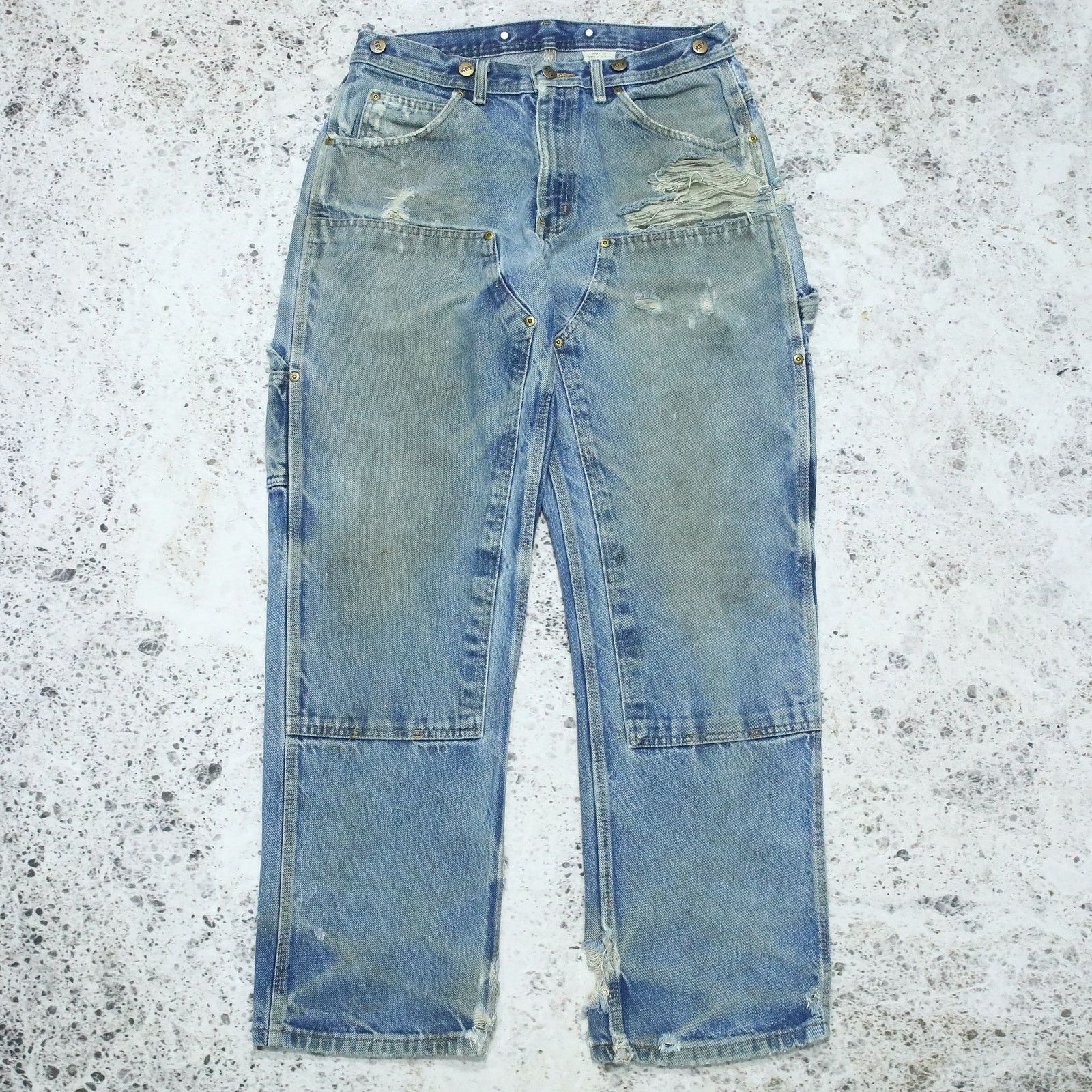 THRASHED Vintage KEY Faded Blue Jeans Denim Double Knee Pant