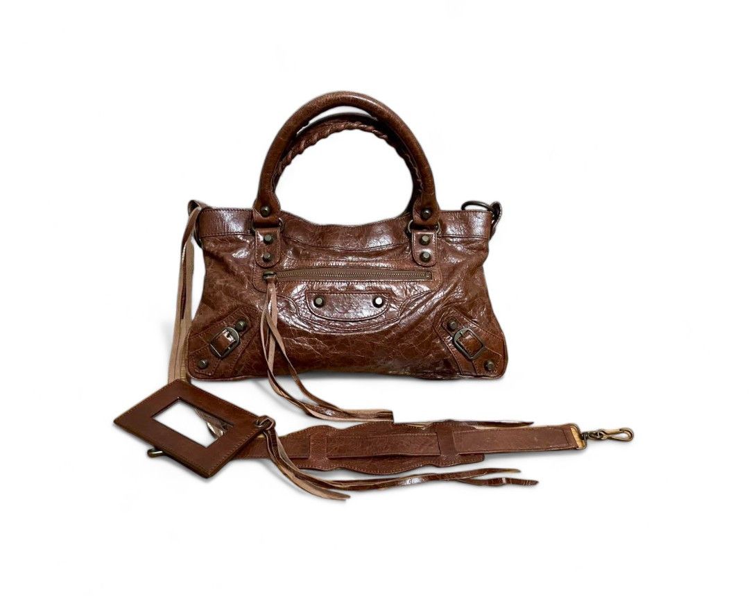 image of Balenciaga - Nrown Leather City Handbag Shoulder Bag in Brown, Women's
