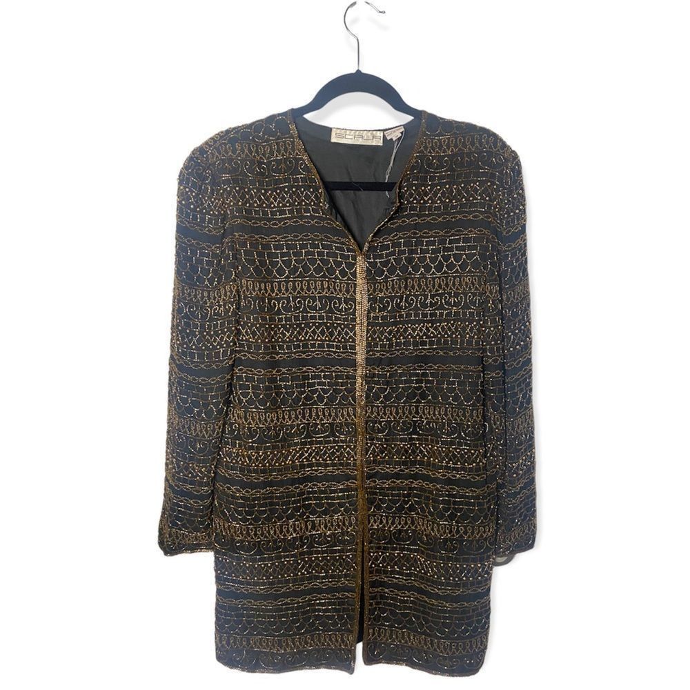 image of Scala Size M Vintage Silk Beaded Jacket in Black, Women's