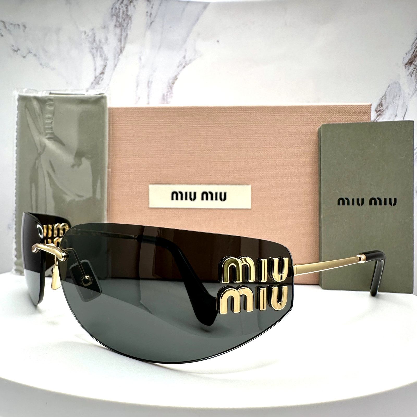 Miu Miu New MIU MIU Sunglasses Gold Dark Gray Lens Runway Wrap Size ONE SIZE - 11 Thumbnail