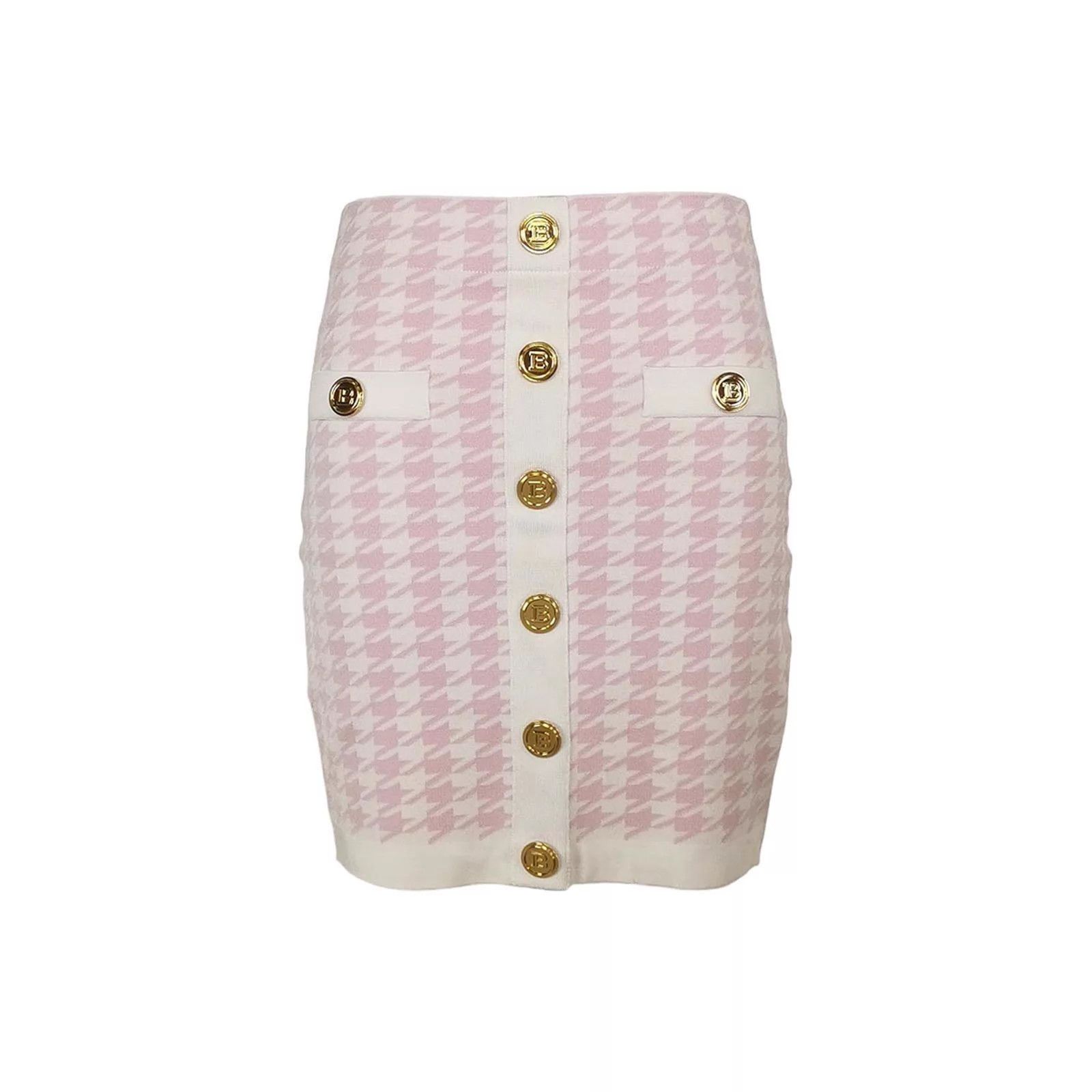 Balmain Balmain 36 Pink & White Houndstooth Gold Button Skirt Size 25" / US 0 / IT 36 - 1 Thumbnail