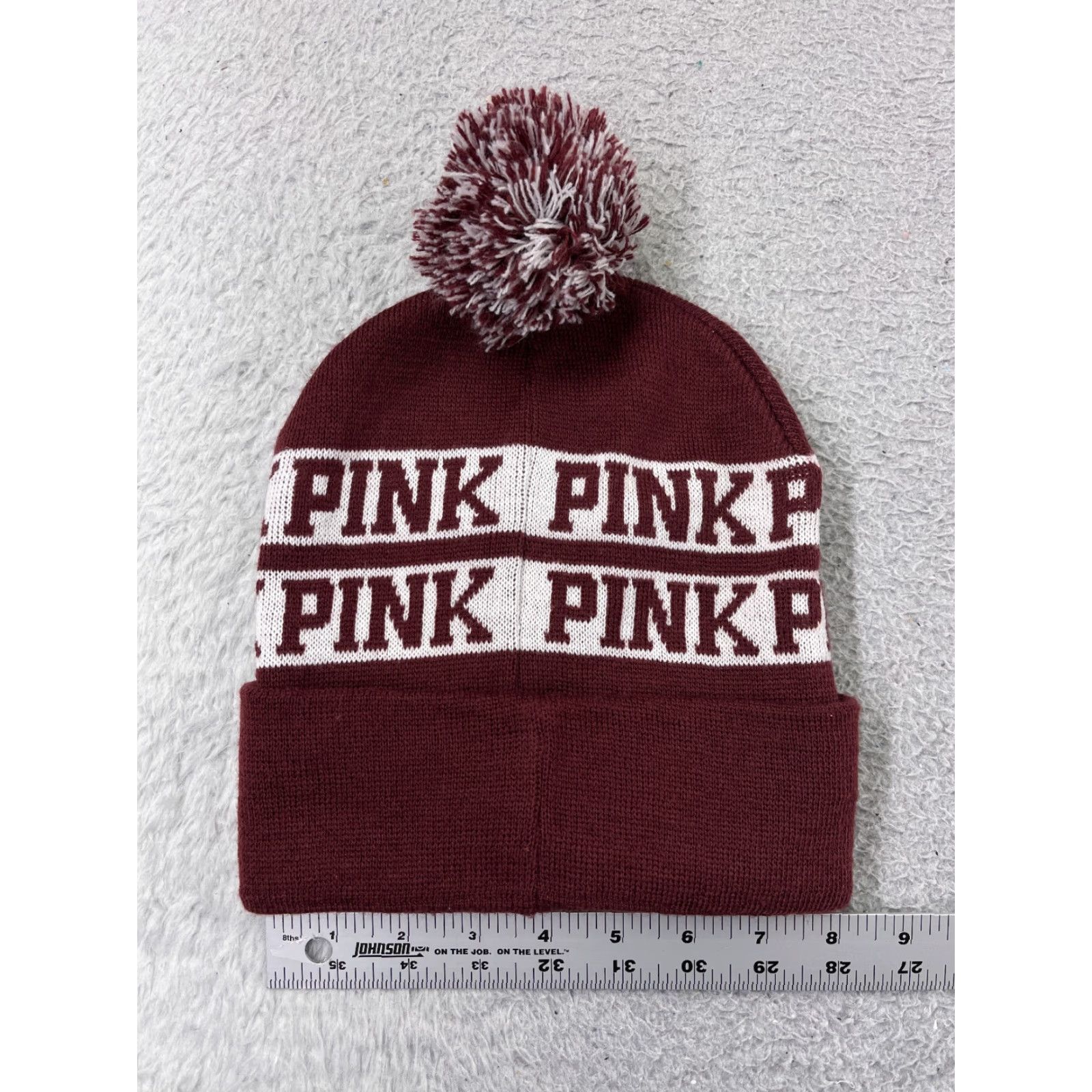 Victoria's Secret Victoria's Secret Beanie Hat Adults One Size Burgundy White Pom Pink Ski Snow Striped Logo Winter Mens Womens Girls Boys Size ONE SIZE - 4 Thumbnail