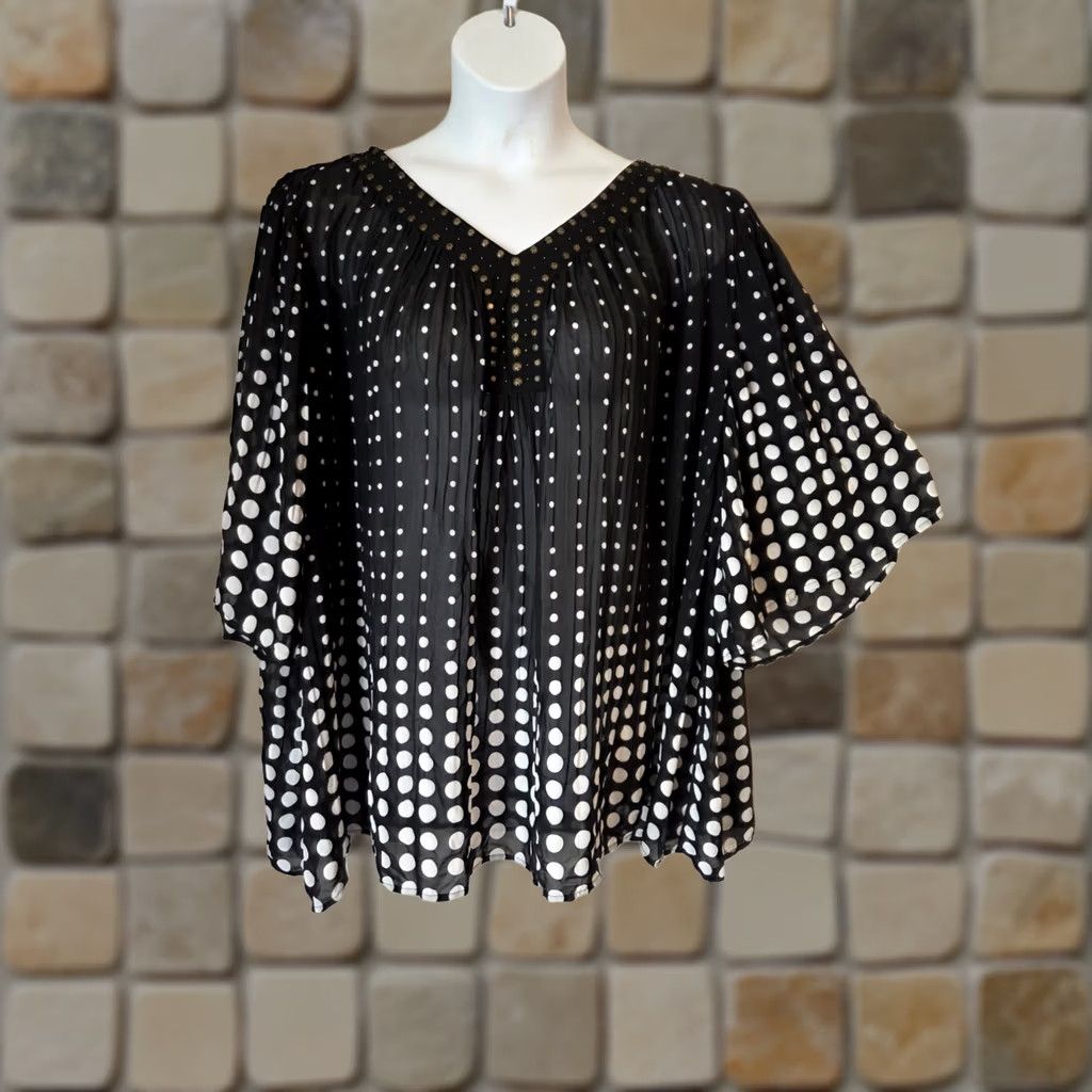 Vintage Woman Within Black Polka Dot Bell Sleeve Studded Semi Sheer Tunic Top 2X Size XXL / US 16-18 / IT 52-54 - 1 Thumbnail