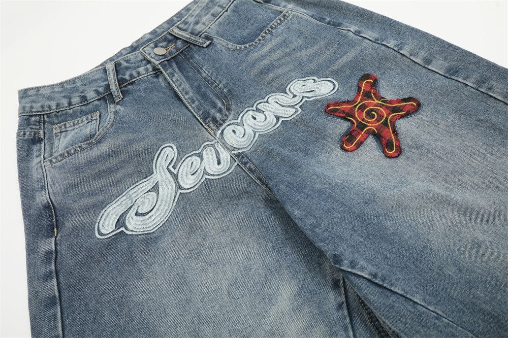 Jean Men's embroidered lettering washed distressed scimitar jeans Size US 32 / EU 48 - 3 Thumbnail