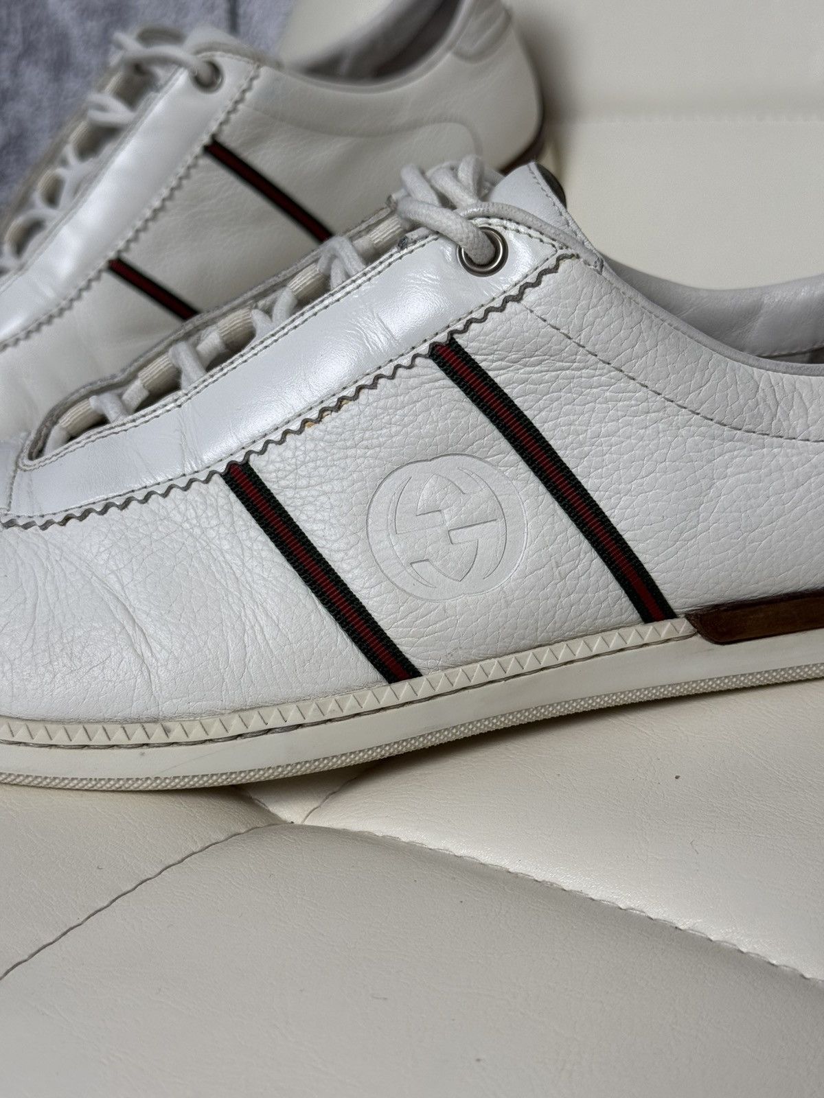 Gucci Gucci White Leather Low Top Sneakers Web Stripe & GG Logo Size US 9 / EU 42 - 4 Thumbnail