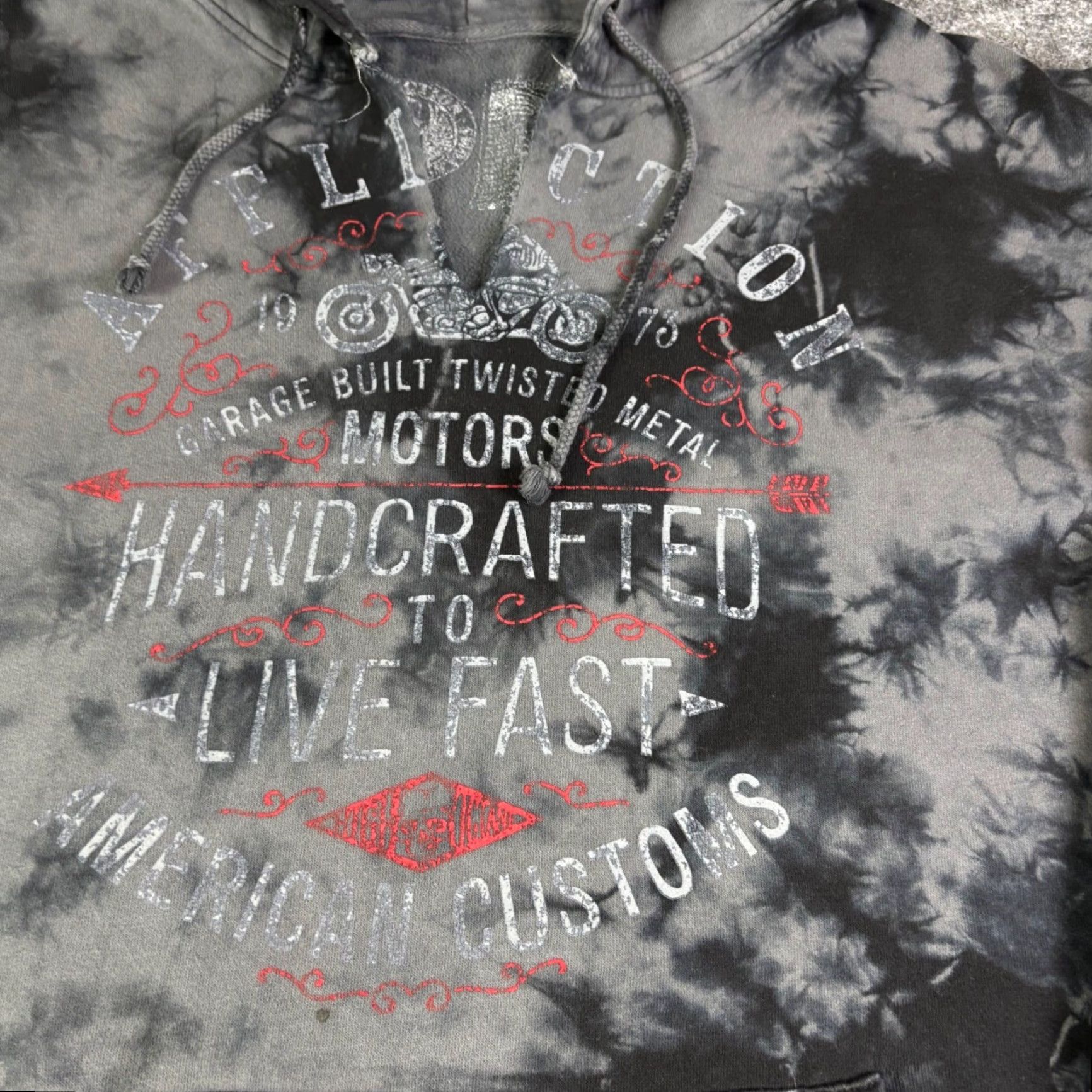 Affliction Affliction Hoodies Mens XL Tie Dye Moto Graphic Live Fast Black Multicolor Graphic Print Pullover Hooded Beaded Pocket V-Neck Long Sleeve Size US XL / EU 56 / 4 - 7 Thumbnail
