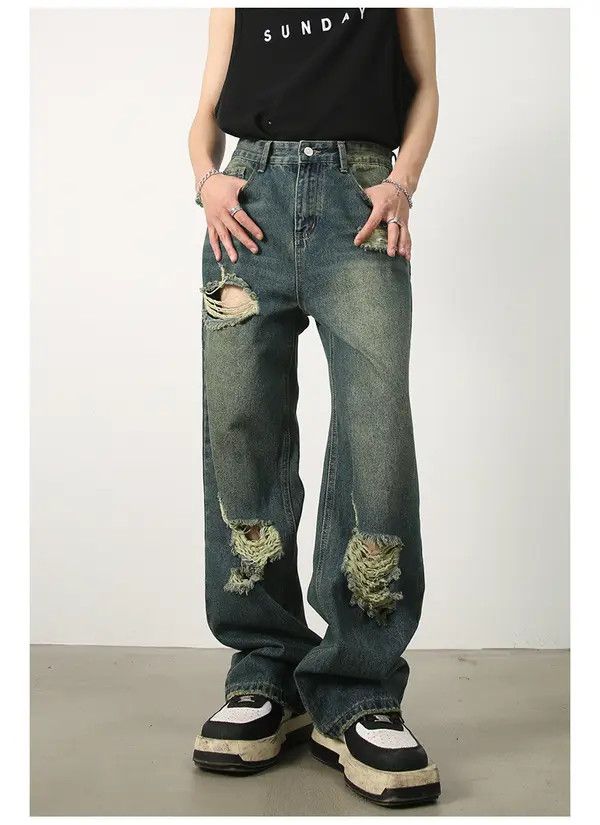 VIBE Japanese retro wide-leg loose straight-leg ripped jeans Size US 32 / EU 48 - 1 Thumbnail