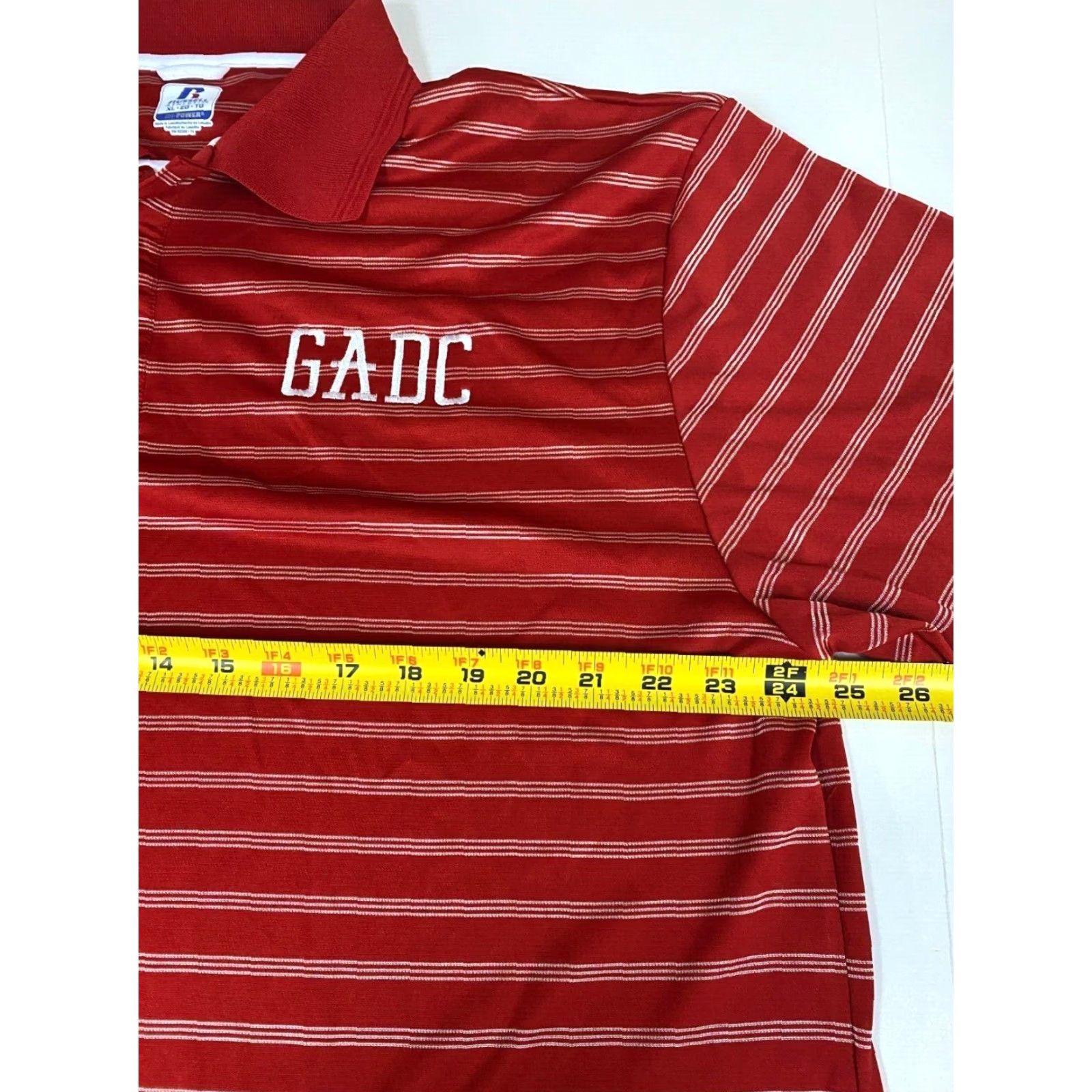 Vintage Russell Polo Shirt XL Red Striped Dri-Power Mens Short Sleeve Button-Down Collared 100% Cotton Sports Golf Breathable Athletic Logo Vintage No Size US XL / EU 56 / 4 - 5 Thumbnail