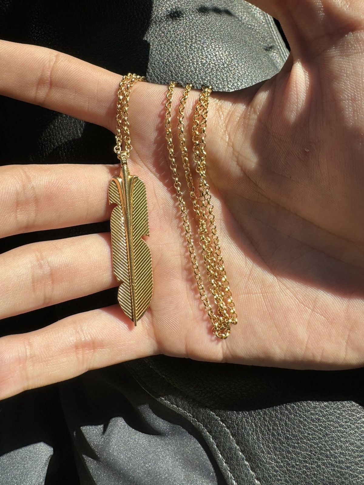 image of Chrome Hearts 22K Gold Feather Pendant + 30 Inch Roll Chain, Men's