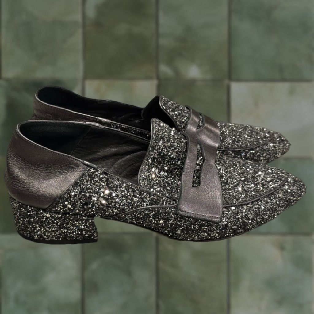 Veronica Beard VERONICA BEARD Glitter Penny Loafers Women's Flat Slip-On Leather Casual Party Work Italy Sz 7.5 Metallic Midnight Size US 7.5 / IT 37.5 - 1 Thumbnail