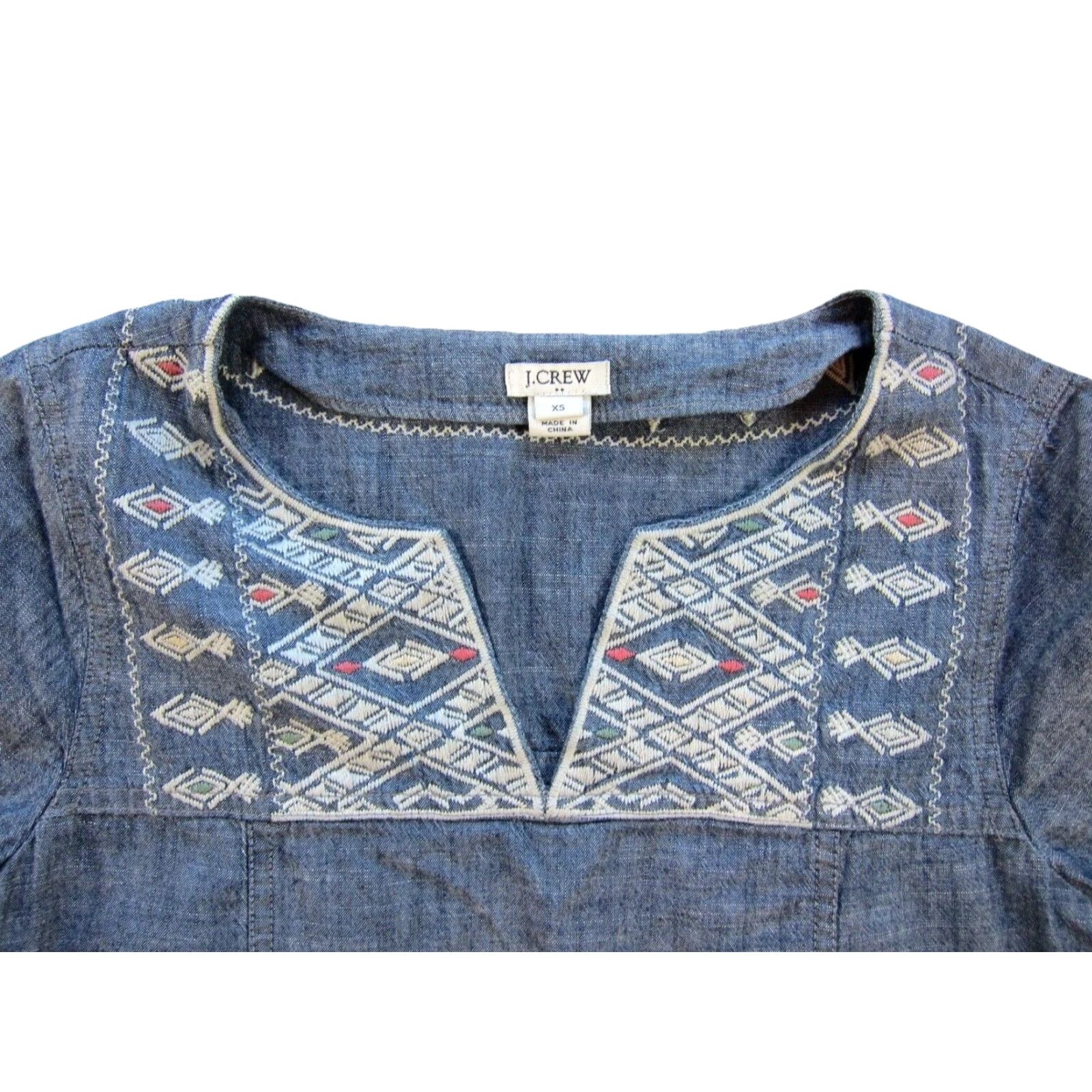J.Crew VINTAGE J.Crew 100% Cotton Blue Embroidered Short Sleeve V-Neck Tunic Shift Dress XS Size 26" / US 2 / IT 38 - 4 Thumbnail