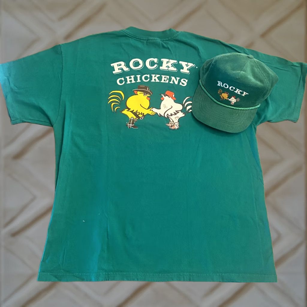 Hanes VINTAGE Rocky Chickens Corduroy Hat & Single Stitch Shirt XL Green Mens Hat Shirt XL Green Hanes Corduroy Vintage 1980s 90s Size US XL / EU 56 / 4 - 1 Thumbnail