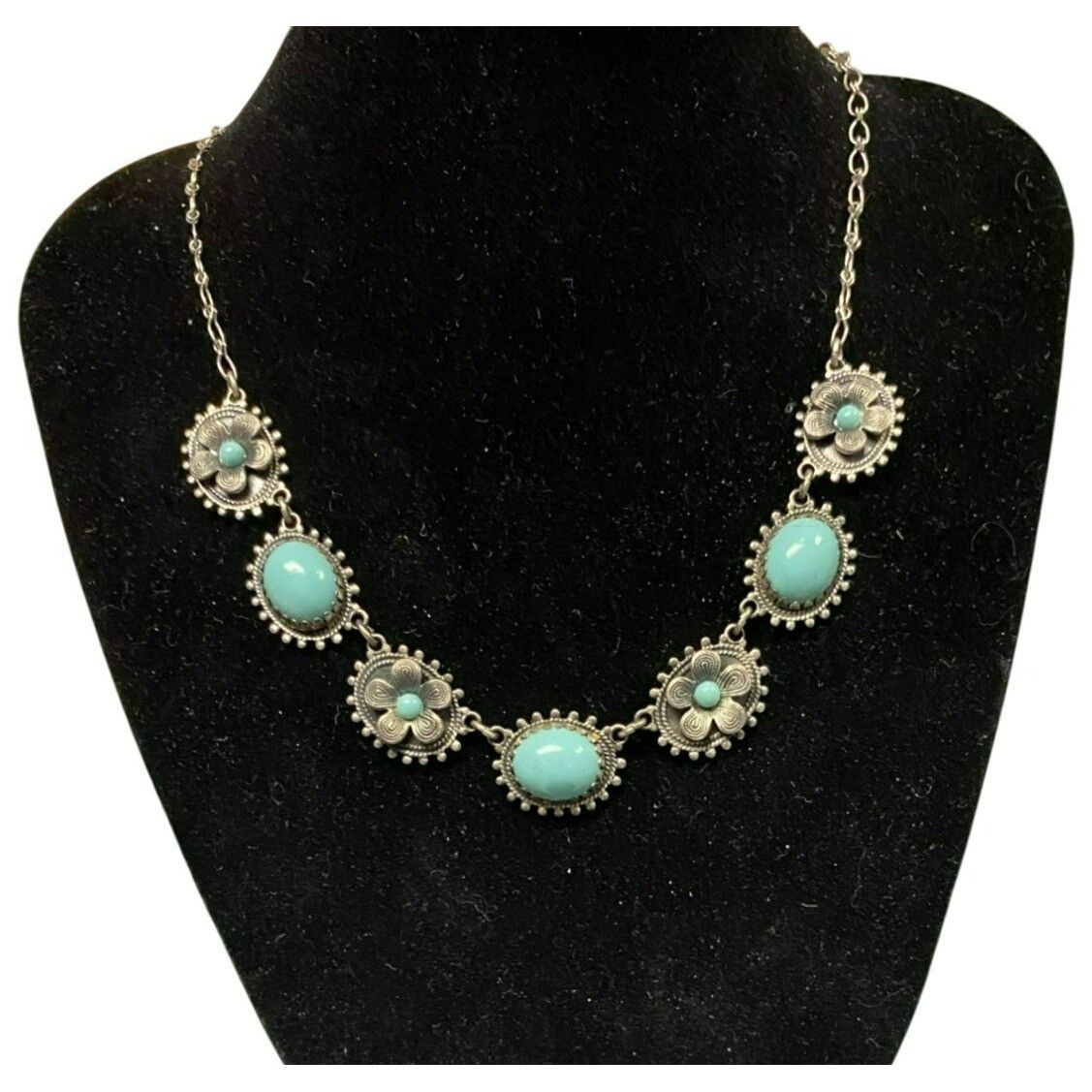 Other Antique Silver Faux Turquoise Flowered Necklace Size ONE SIZE - 1 Thumbnail