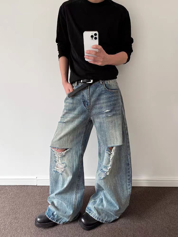 Vintage Bamboo Pattern Ripped Micro Flare Machete Jeans