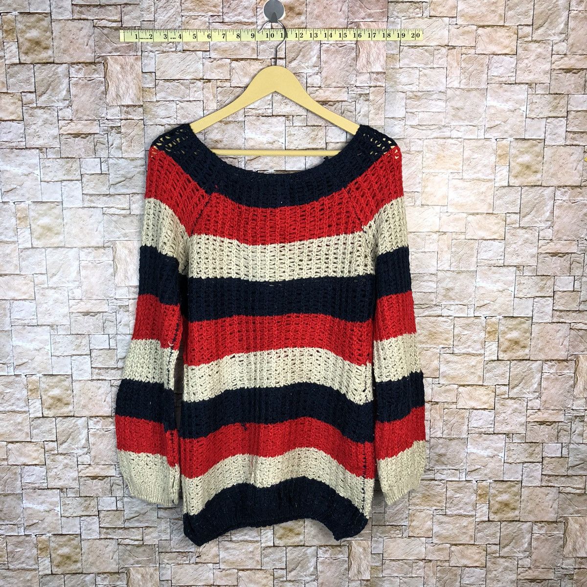 Homespun Knitwear Clumzy Stripe Red crochet meshnet vintage Knitwear #A489 Size M / US 6-8 / IT 42-44 - 13 Thumbnail