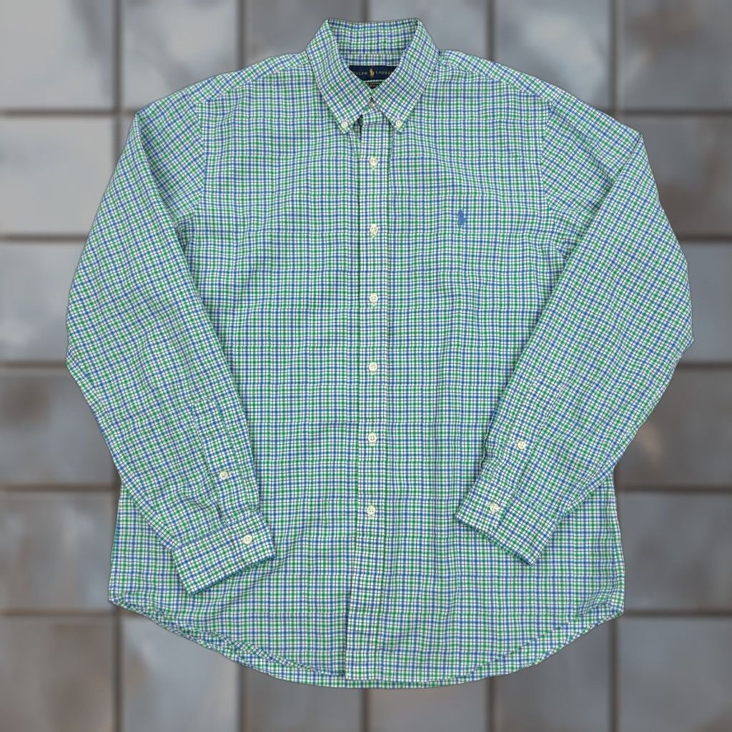 Ralph Lauren Ralph Lauren Men's L Button-Down Cotton Stretch Plaid Gingham Check Shirt, Green Blue White, Long Sleeve, Embroidered Logo, Regular Fit Size US L / EU 52-54 / 3 - 1 Thumbnail