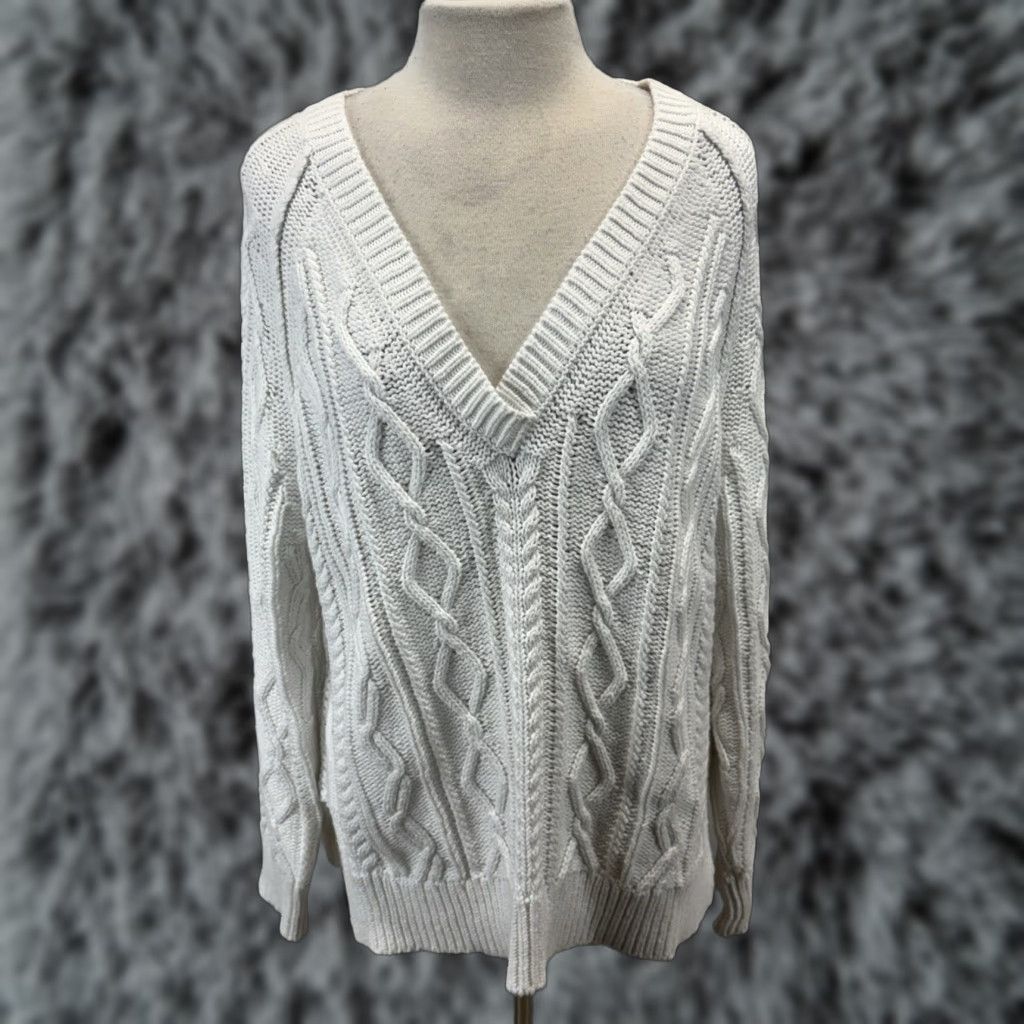 Vintage VINTAGE Sundance Cableknit Sweater Women’s PL White Vneck Fisherman Pullover Knit Cotton Coastal Preppy Classic Size L / US 10 / IT 46 - 1 Thumbnail