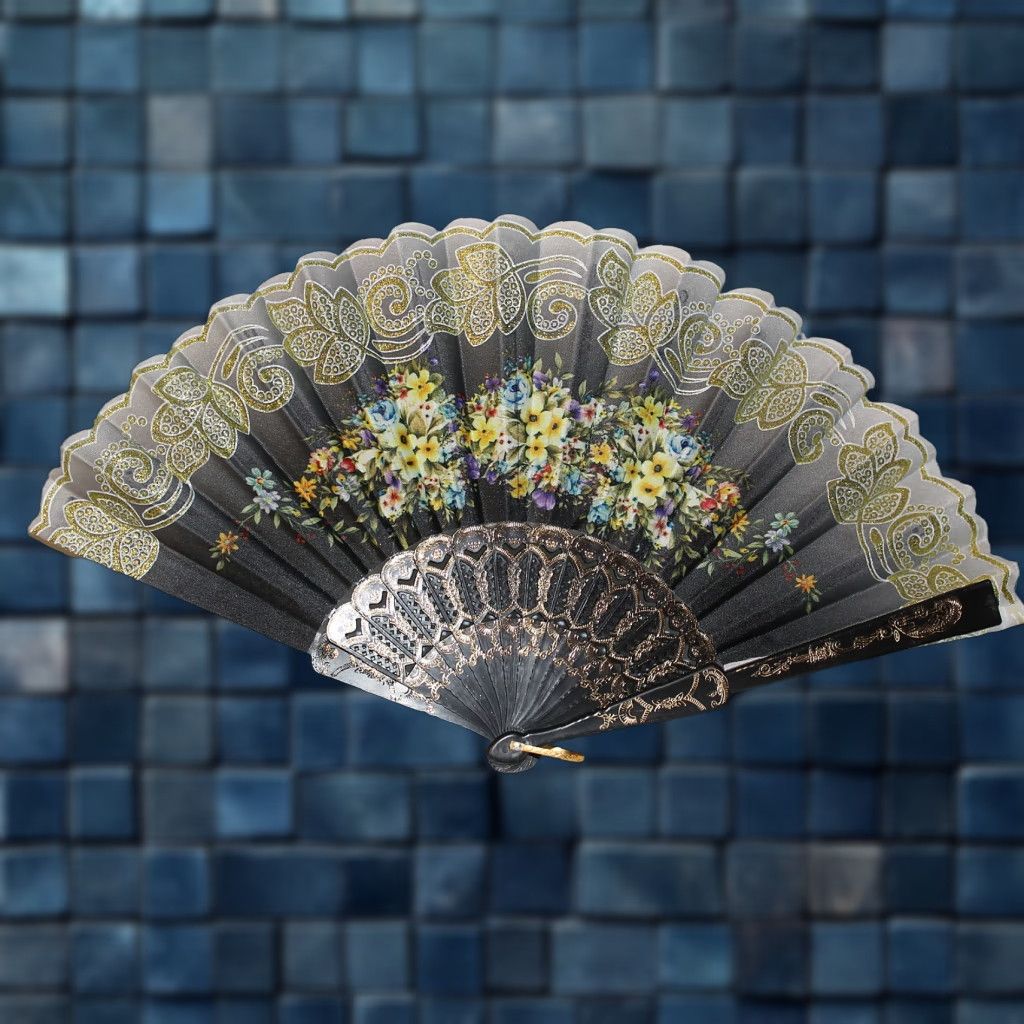 Vintage UNBRANDED SMALL HAND FAN WITH FLOWERS BLACK 16" VINTAGE Size ONE SIZE - 1 Thumbnail