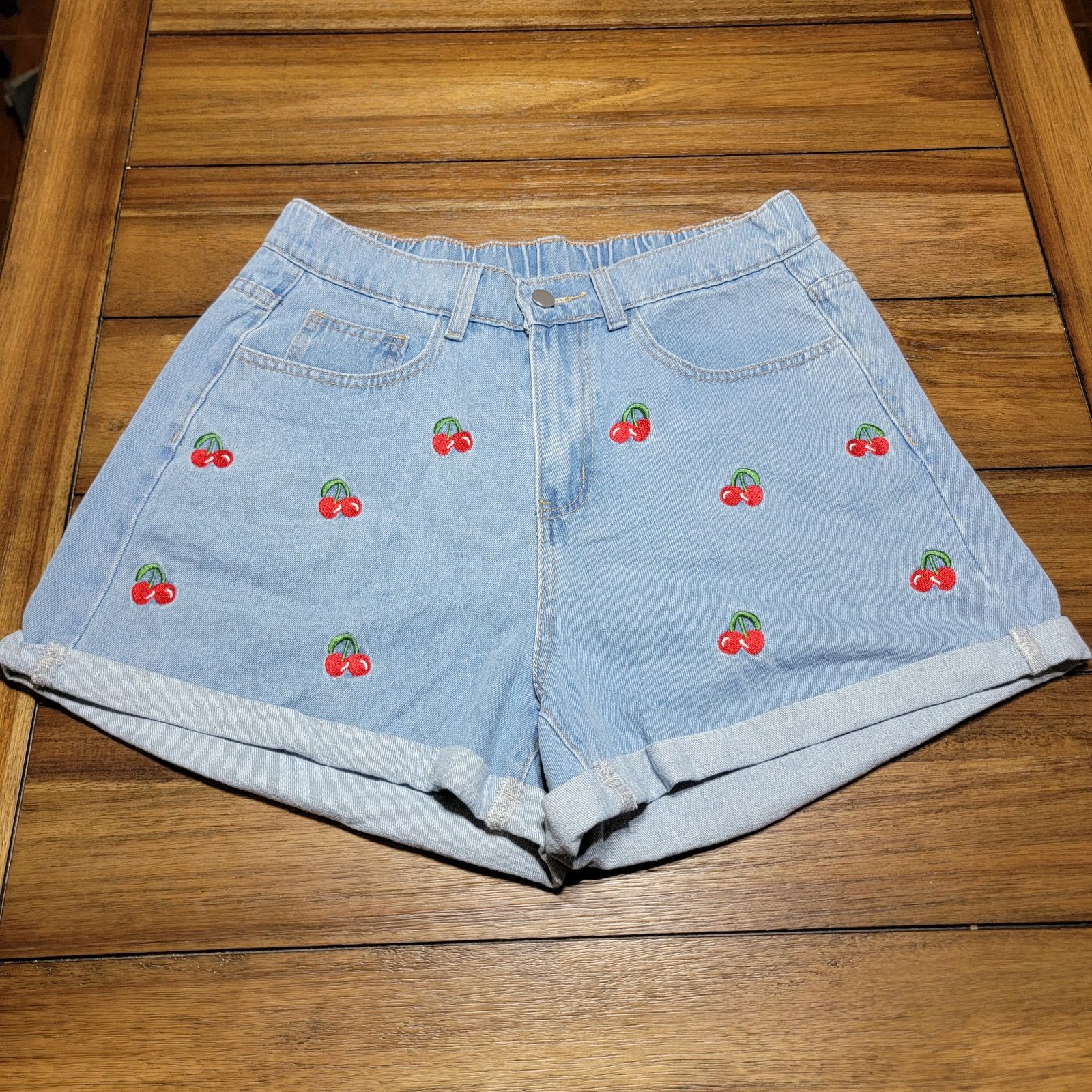 Shein Shein Curve Denim Shorts w/ Embroidered Cherries - Size 0XL Size 34" / US 12 / IT 48 - 1 Thumbnail