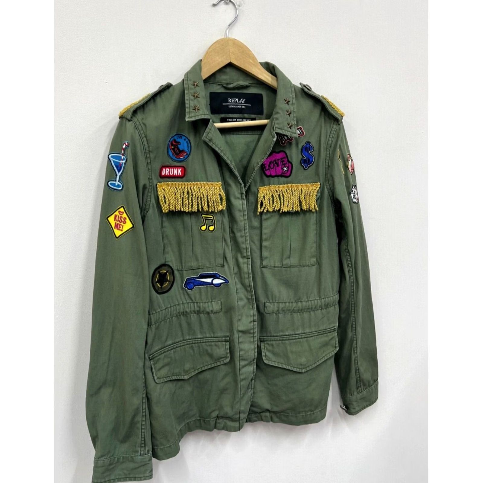 Replay Replay Jacket Womens L Khaki Logo Vintage Overshirt Blazer Military Patch Style Size L / US 10 / IT 46 - 2 Thumbnail