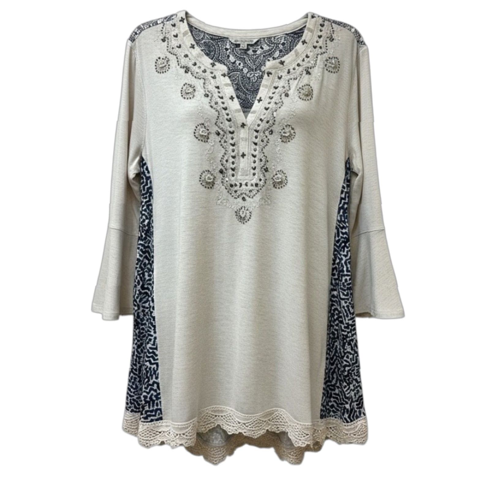 John Mark Embroidered Floral Boho Tunic Top 3/4 Sleeve Women's Large