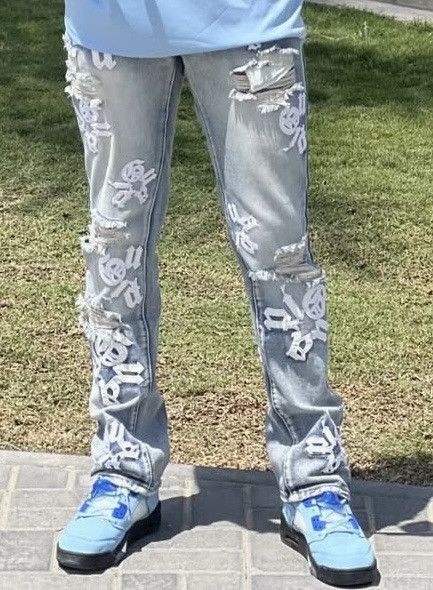 Japanese Brand Y2k Letter Embroidery Street Style Ripped Denim Pants Size US 30 / EU 46 - 1 Thumbnail