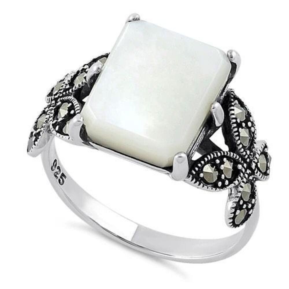 Other Sterling Silver Mother of Pearl Square Marcasite Ring Size ONE SIZE - 1 Thumbnail